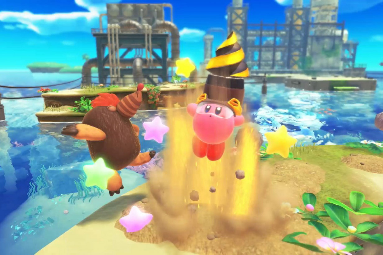 Kirby drills a mole in Kirby and the Forgotten Land.