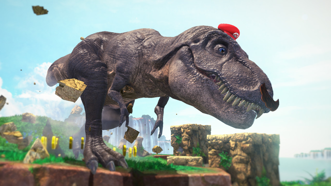 A T-rex wears Mario's hat in Super Mario Odyssey.