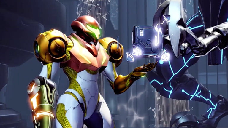 Samus holding cube in Metroid Dread.