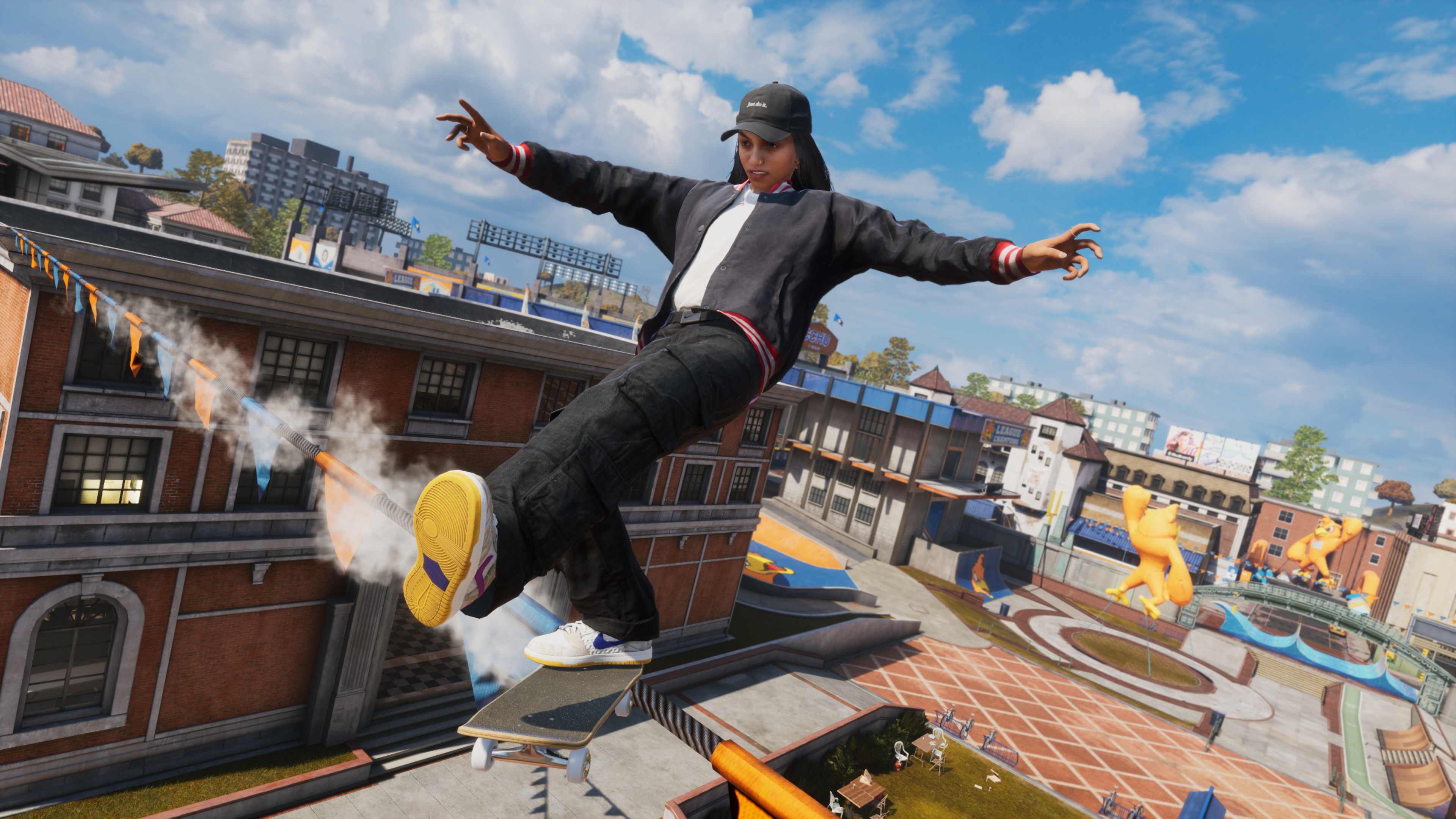 A skater grinds between rooftops in Tony Hawk's Pro Skater 3 + 4.