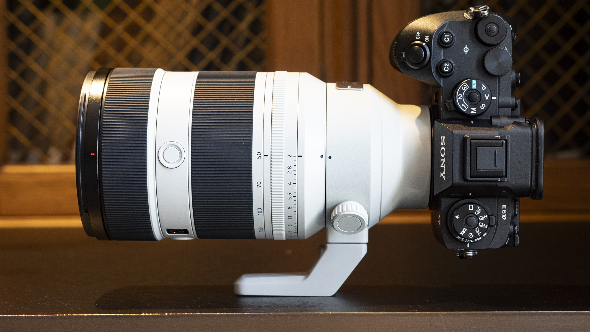 Sony FE 50-150mm F2 GM lens attached to a Sony A9 III, on a table
