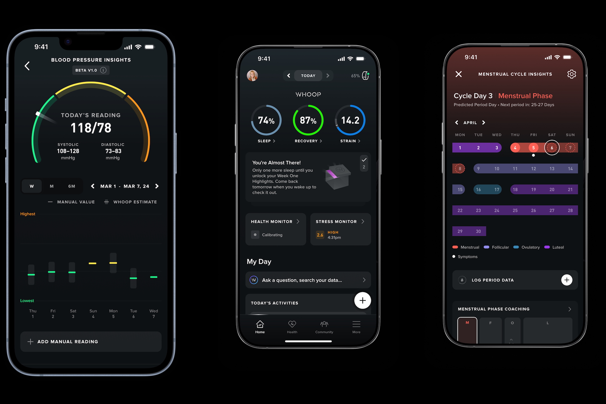 Screenshots from the Whoop app.