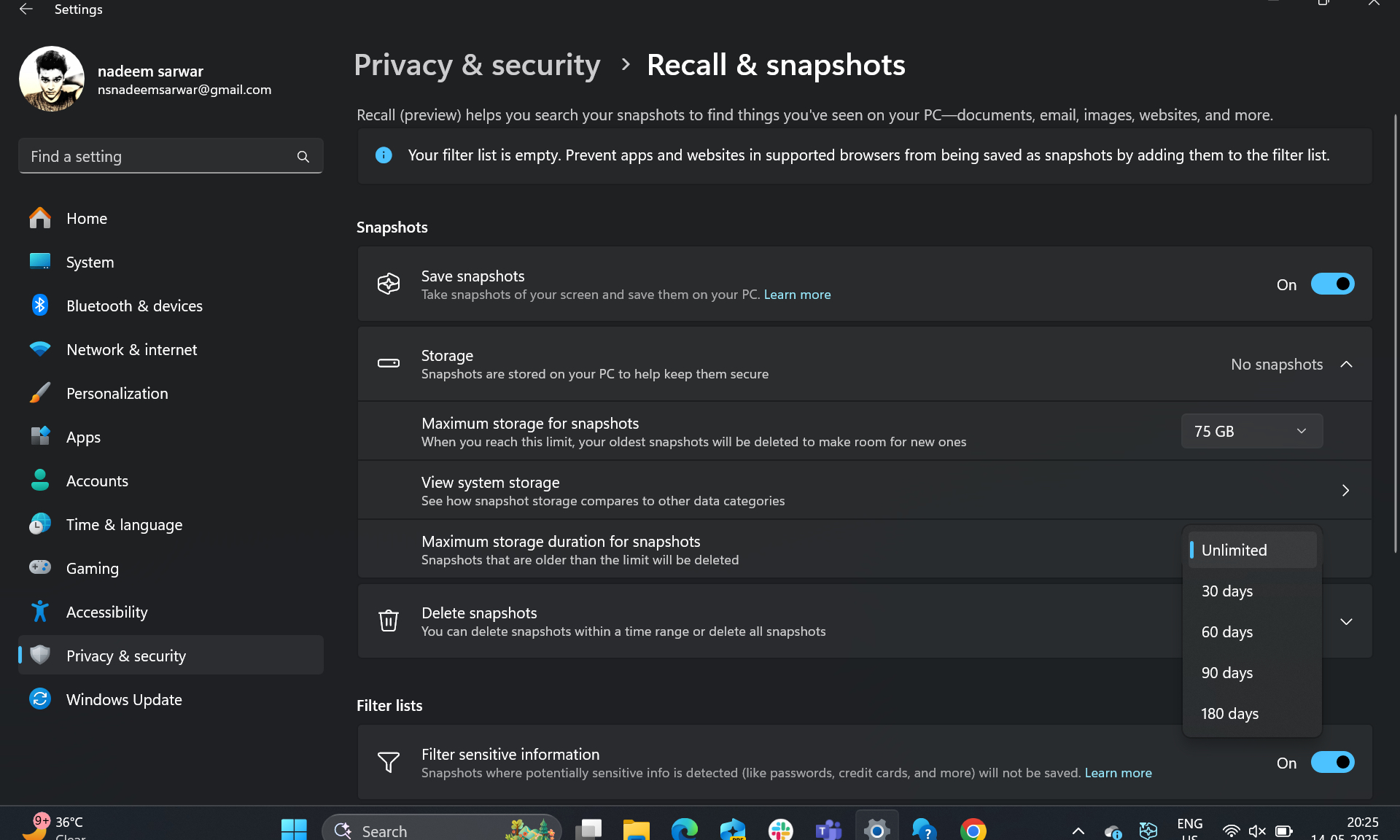 Settings for Windows 11 Recall.