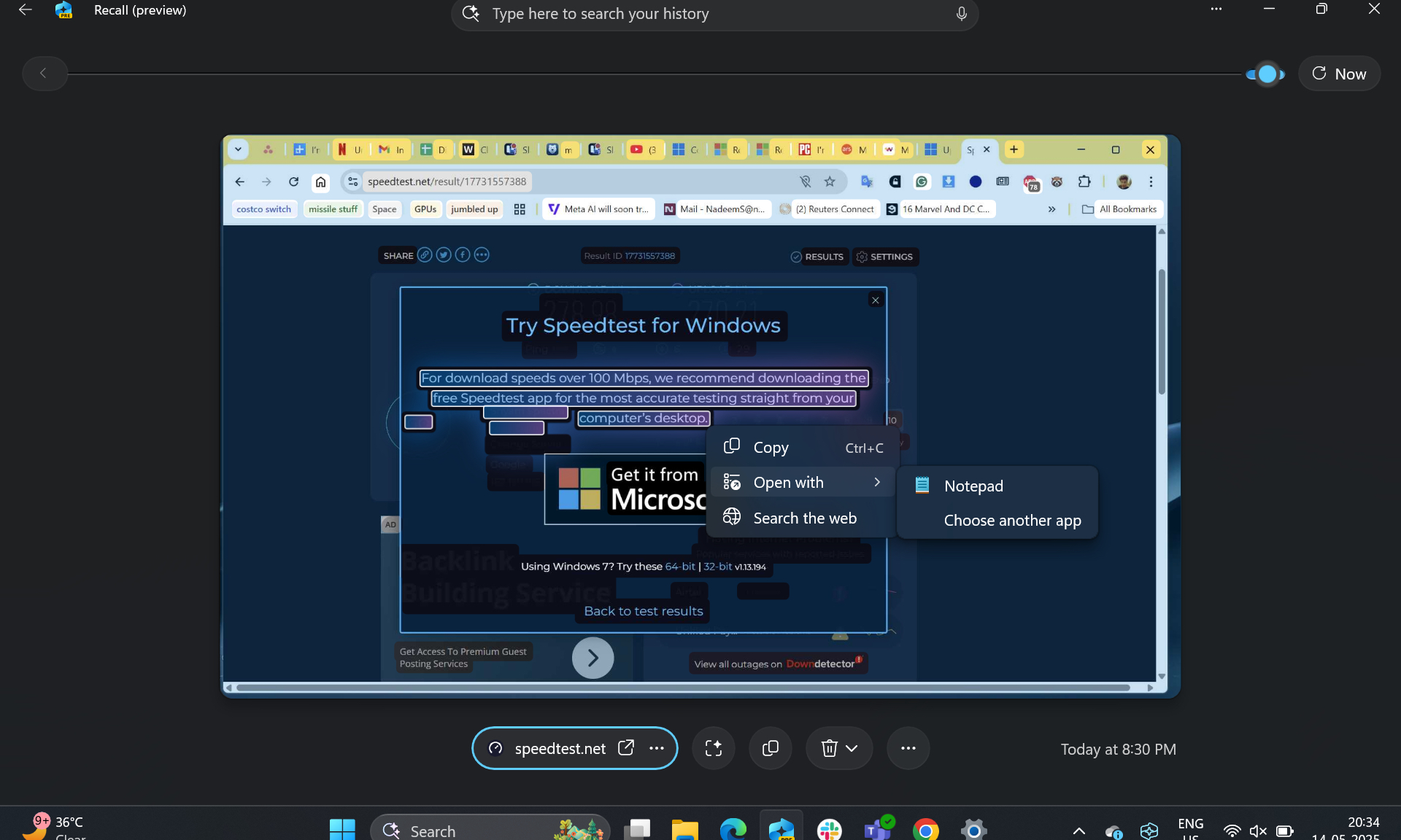 Quick commands on Windows 11 Recall.