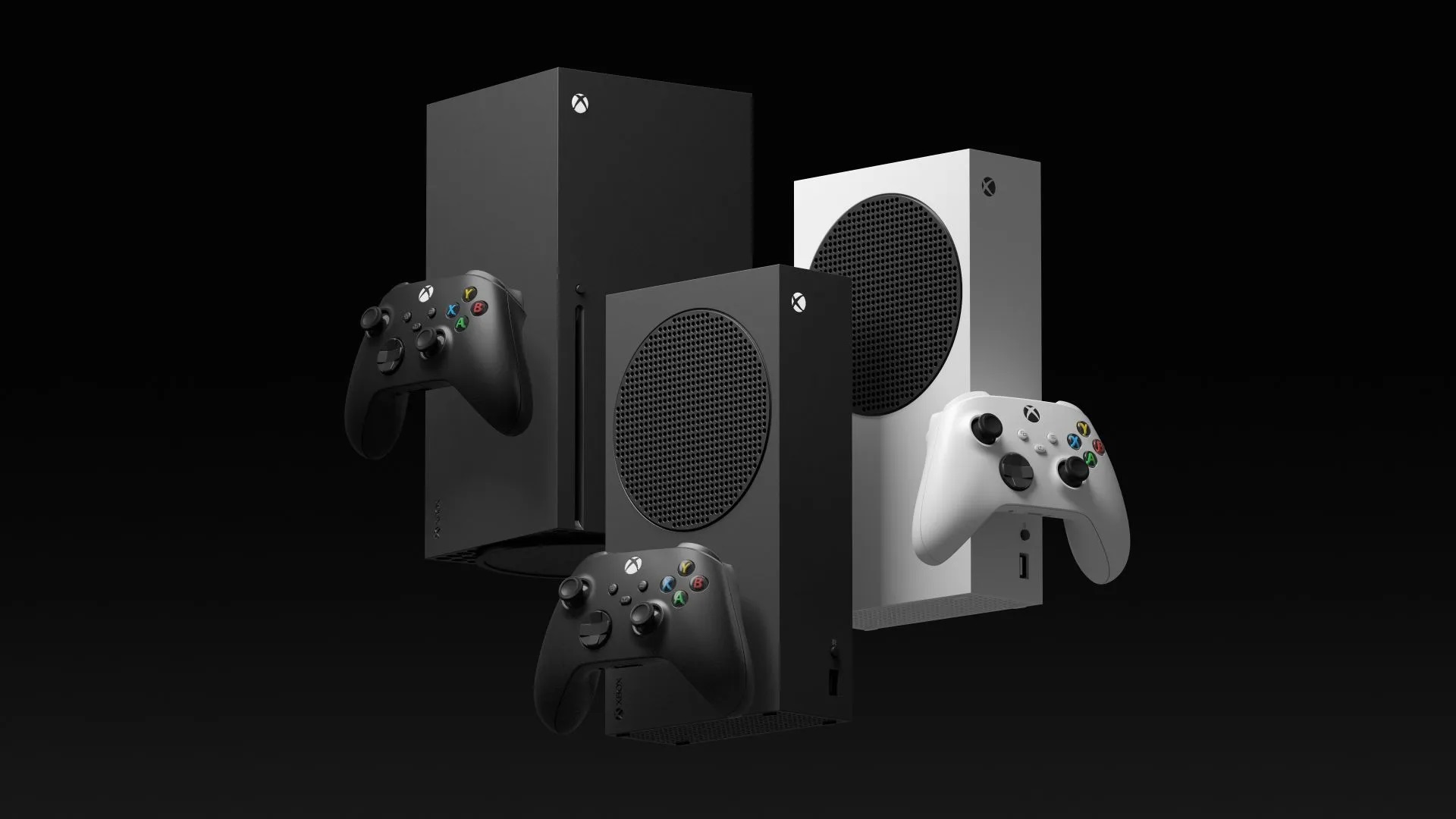 An Xbox Series X sits next to both Series S models.