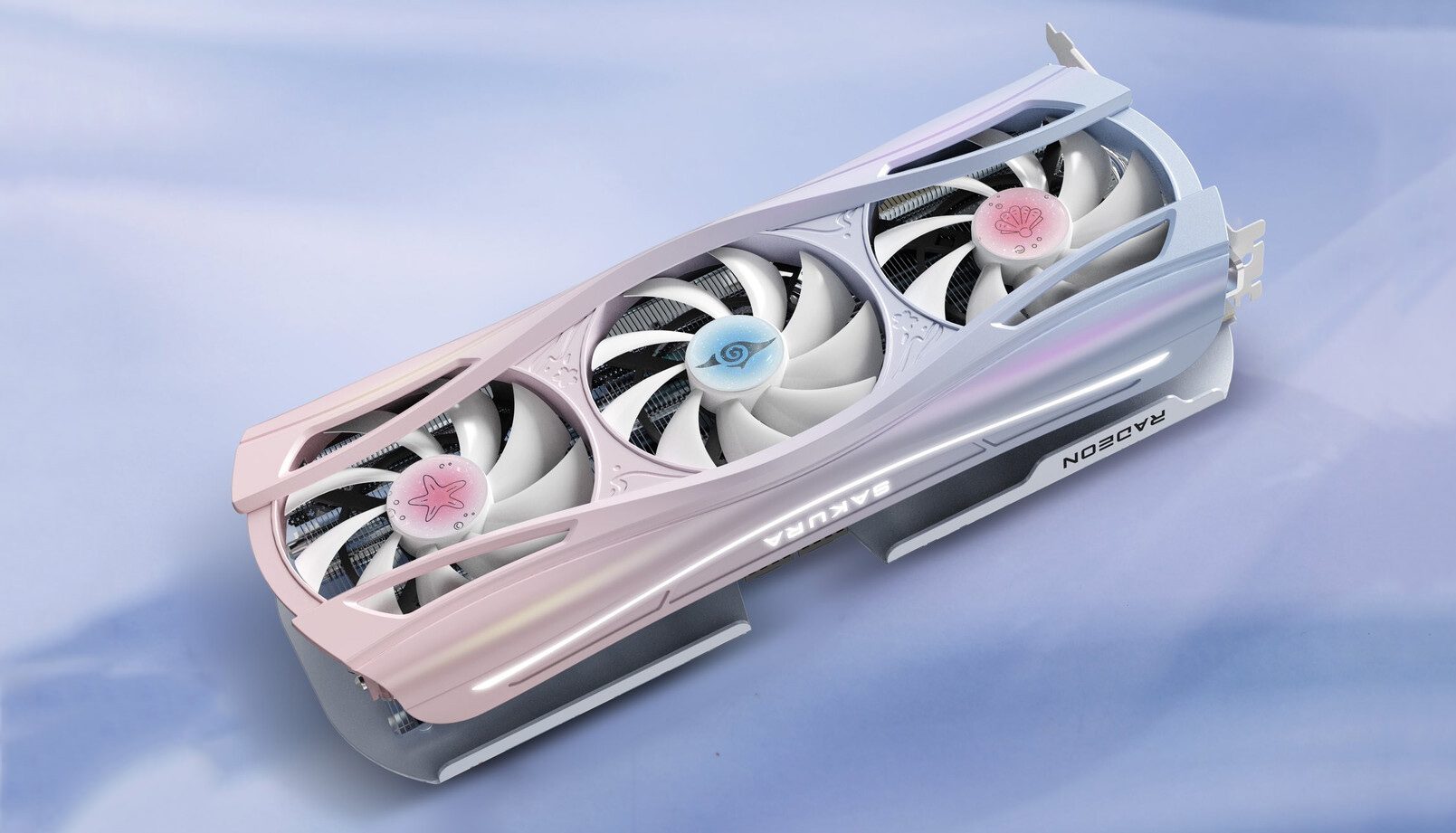 The Yeston Sakura Atlantis RX 9070 XT graphics card on a blue background