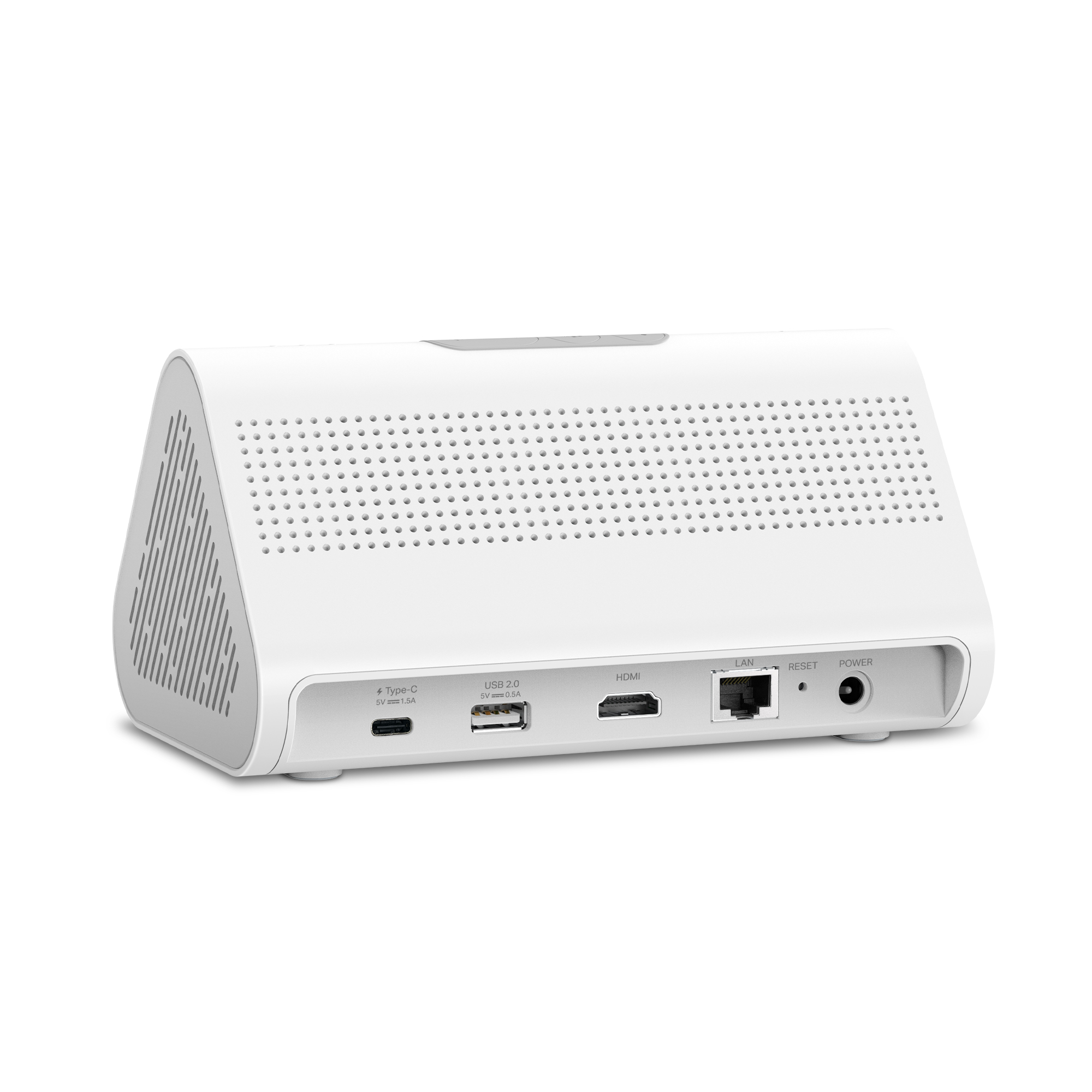 The HomeBase has several ports, including USB for charging an attached tablet, HDMI to connect to a TV or monitor, and Ethernet.