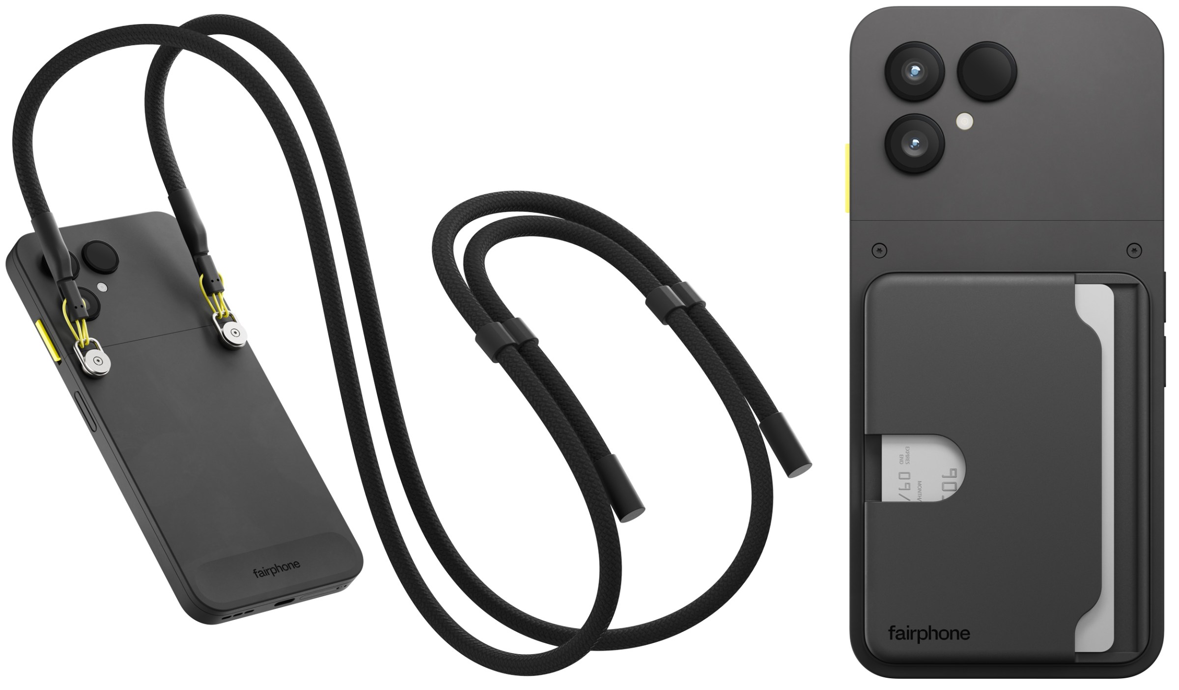 Two versions of the Fairphone 6 with a lanyard and card holder attached.