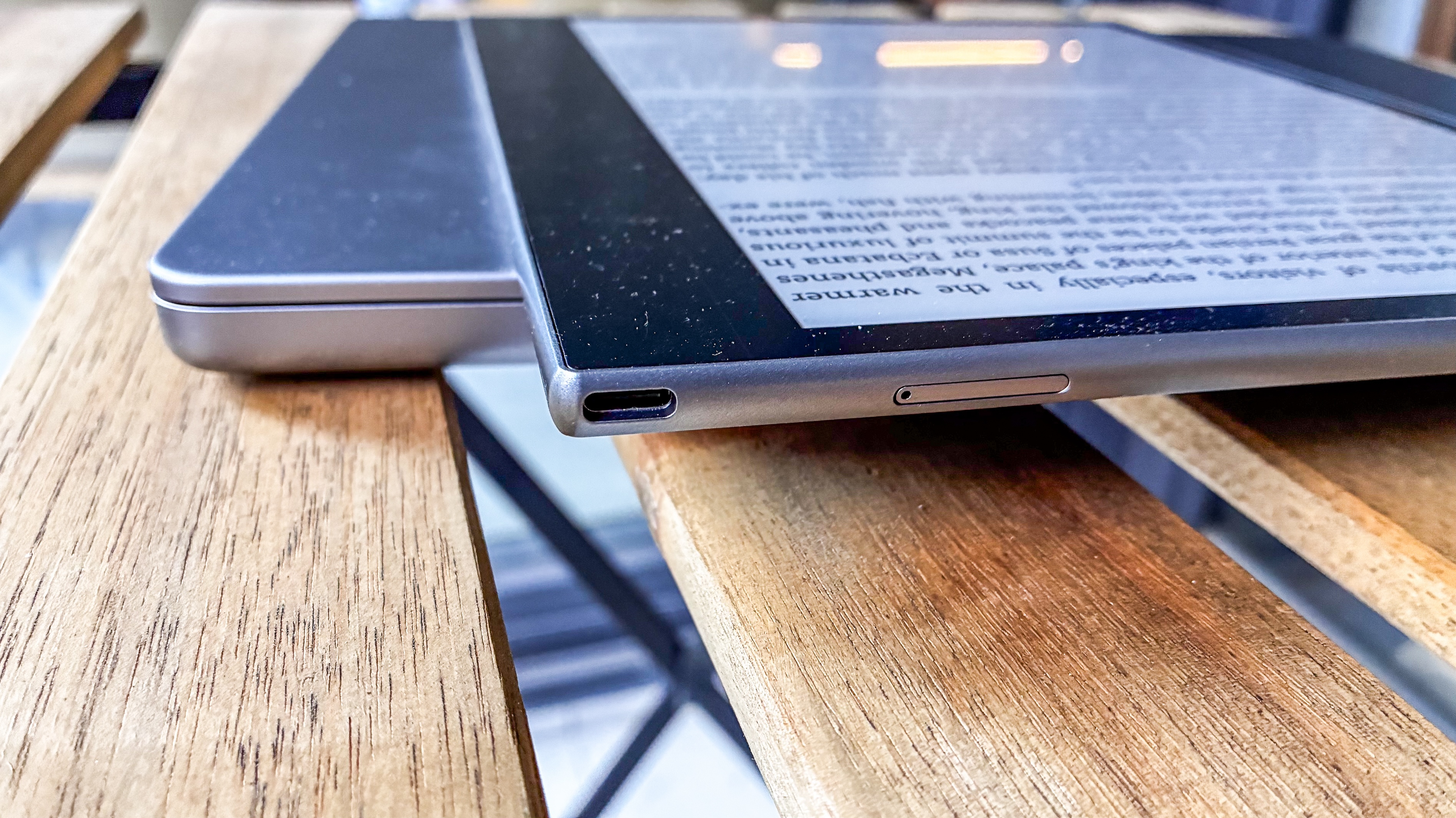 The USB-C port and the microSD card tray on the PocketBook InkPad Eo