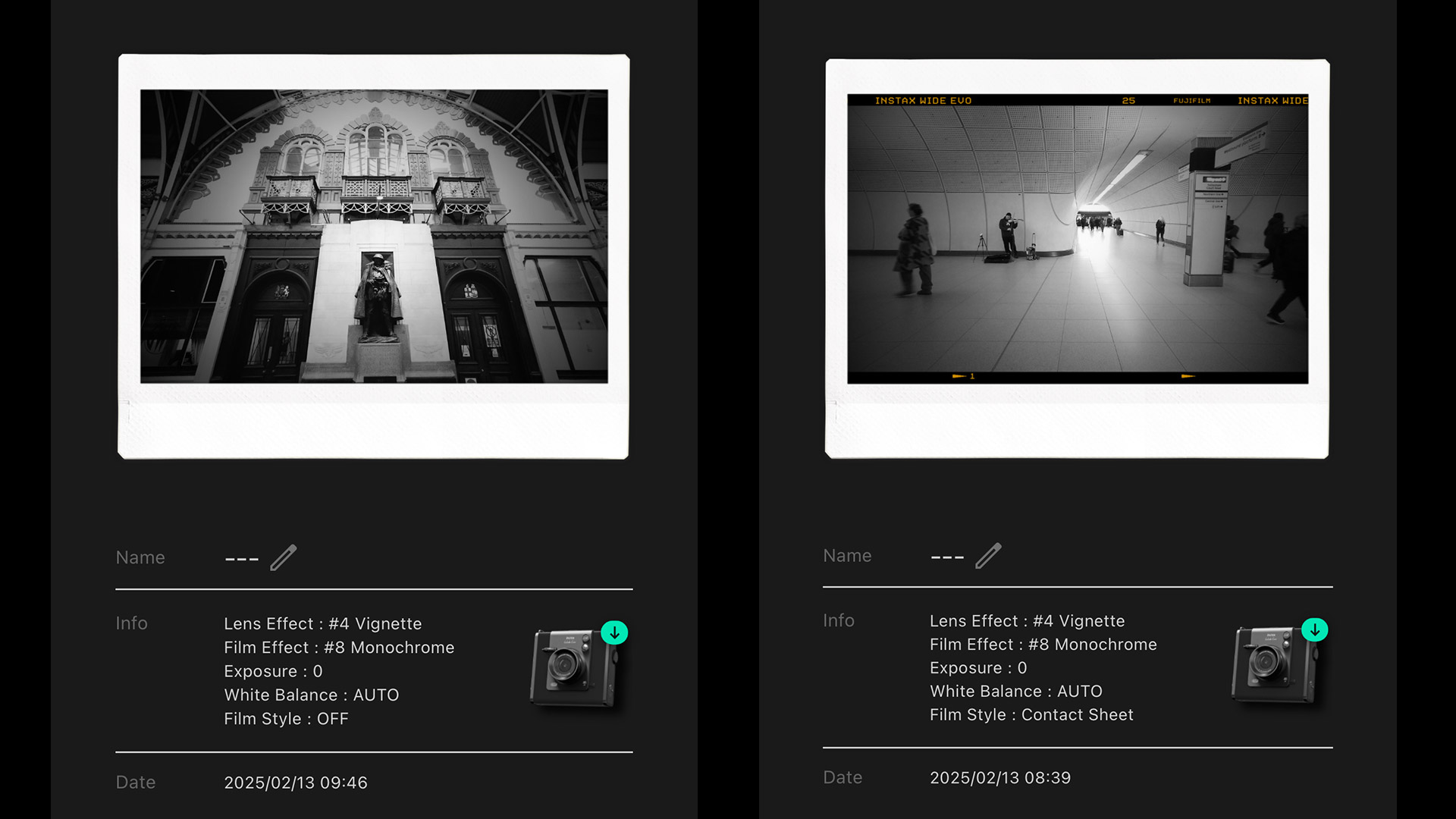 Two screenshots of the Instax Wide Evo app screen