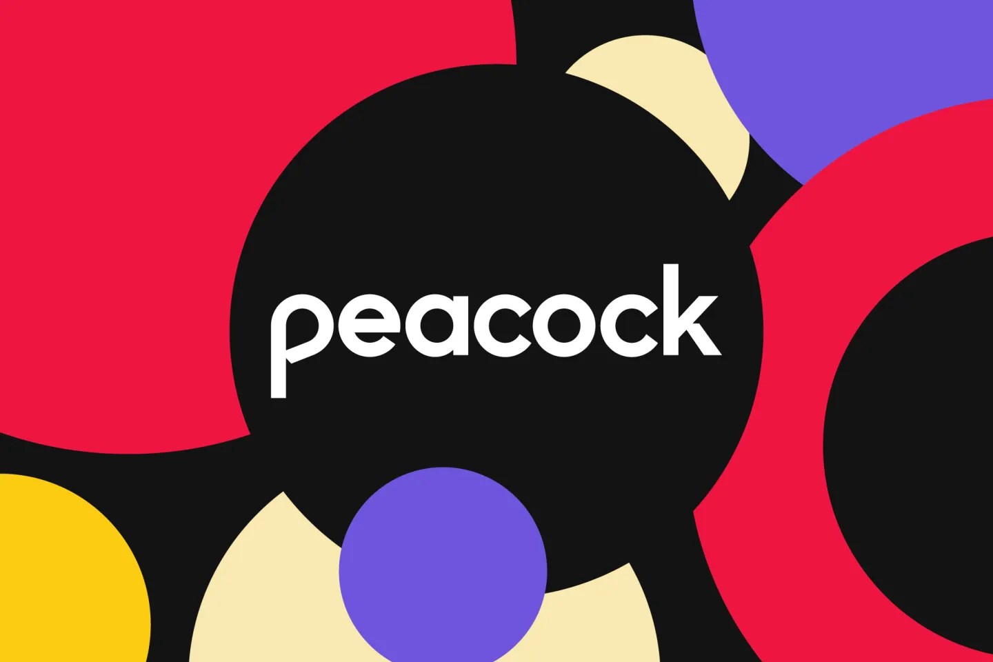 A playful illustration of the Peacock logo surrounded by colored circles.