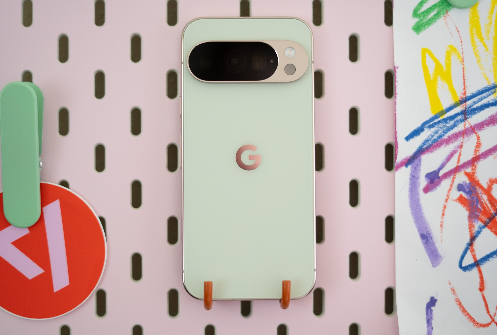 Pixel 10 Pro on a colorful peg board showing back panel