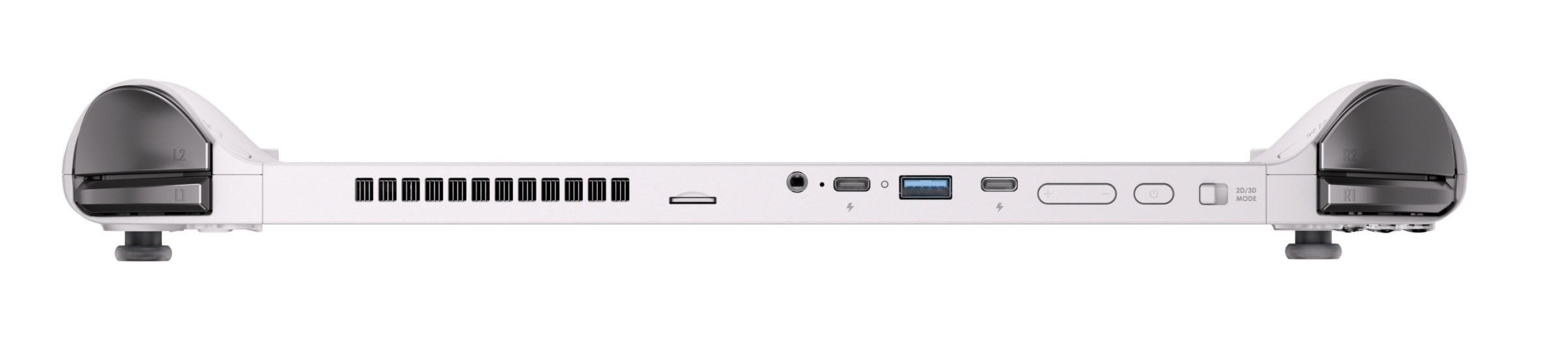 Ports are exclusively up top; one of those two USB-C ports is Thunderbolt 4, the other is not.