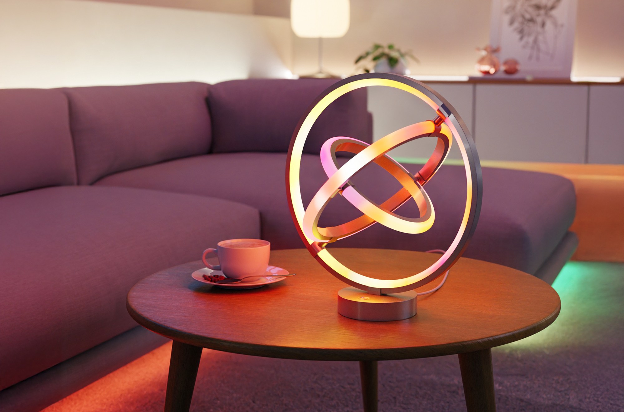Lepro’s gyroscope-looking TB1-Pro AI table lamp in a bland living room.