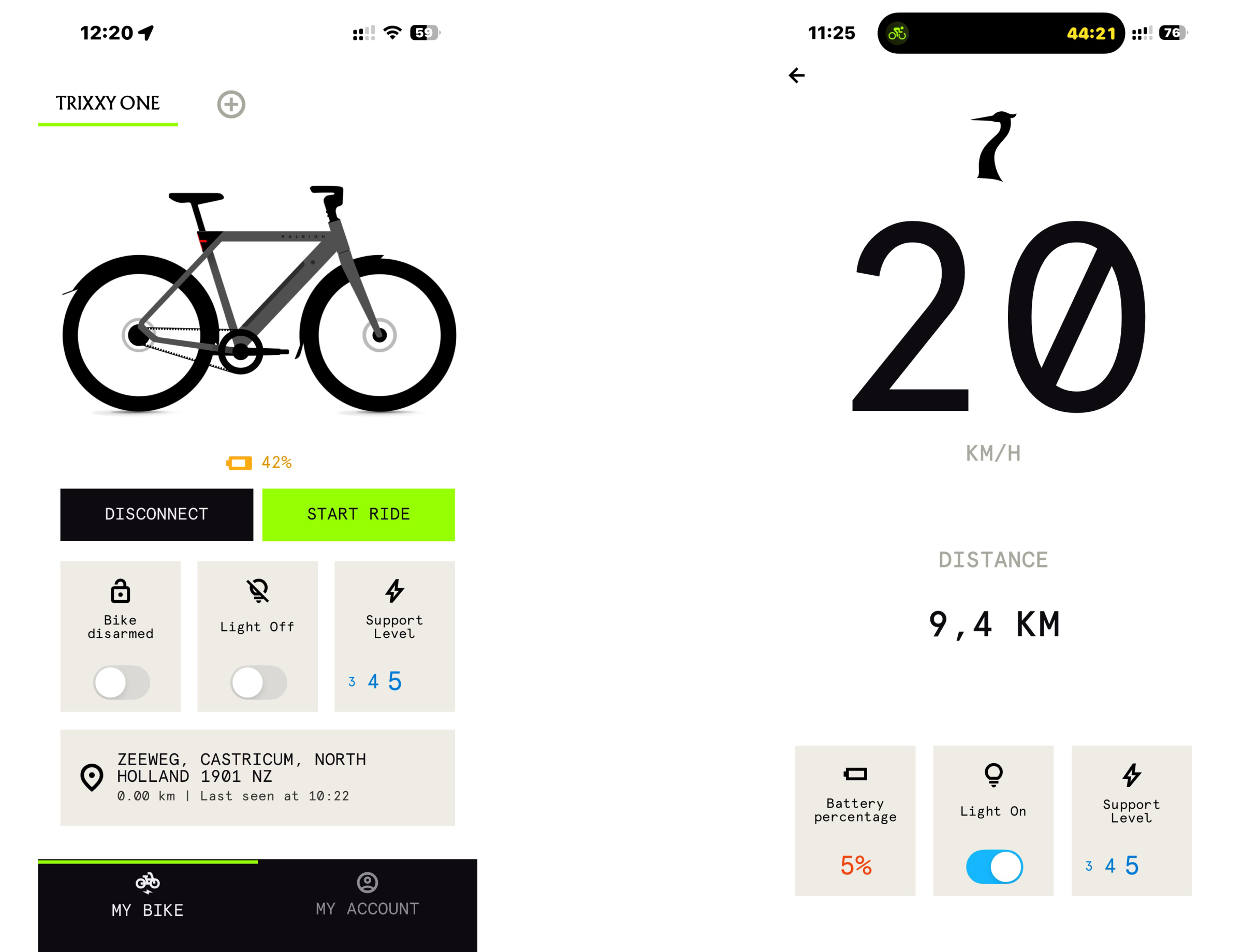 The Raleigh app is basic but does what I need. On the left is the main status screen, on the right is the dashboard when riding, if you choose to mount it on your bike.