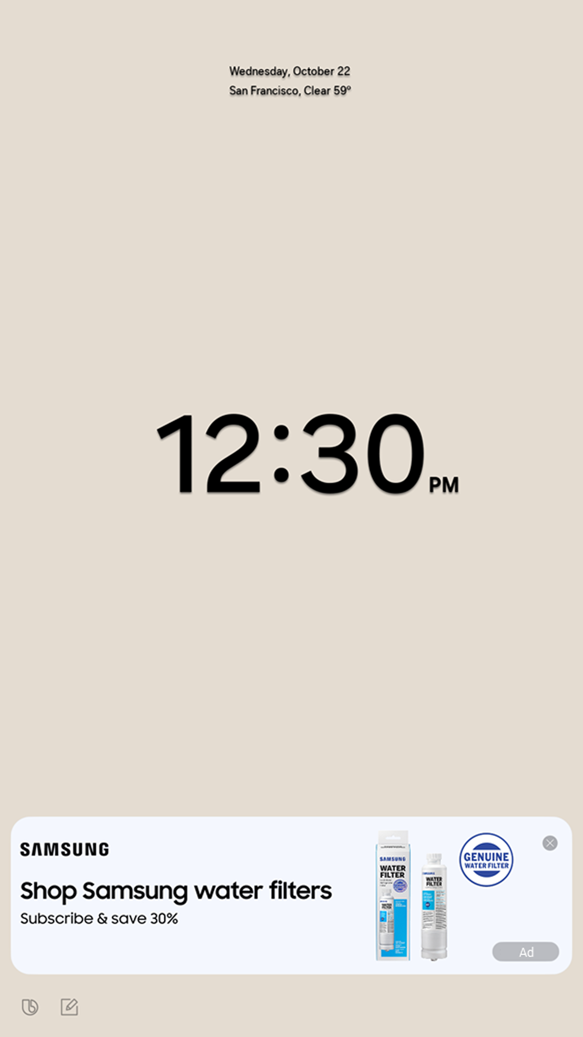 <em>The widget will have four screens; one will show an ad, such as this one for a Samsung water filter.</em>