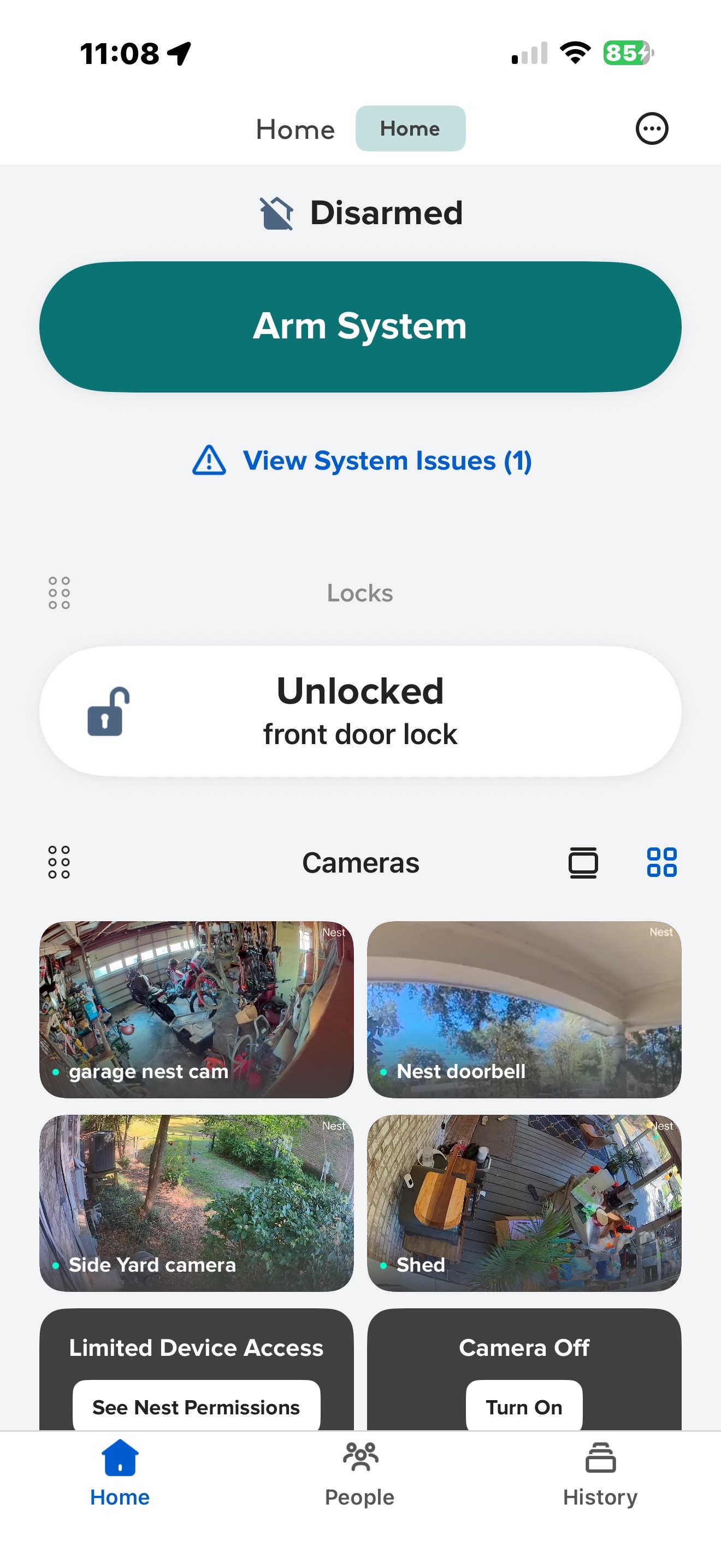 <em>The ADT Plus app homepage allows for control of the Yale smart lock and quick access to disarm and arm the system. You can also view live feeds from connected Nest cameras, but you need to use the Google Home app for recorded video.</em>