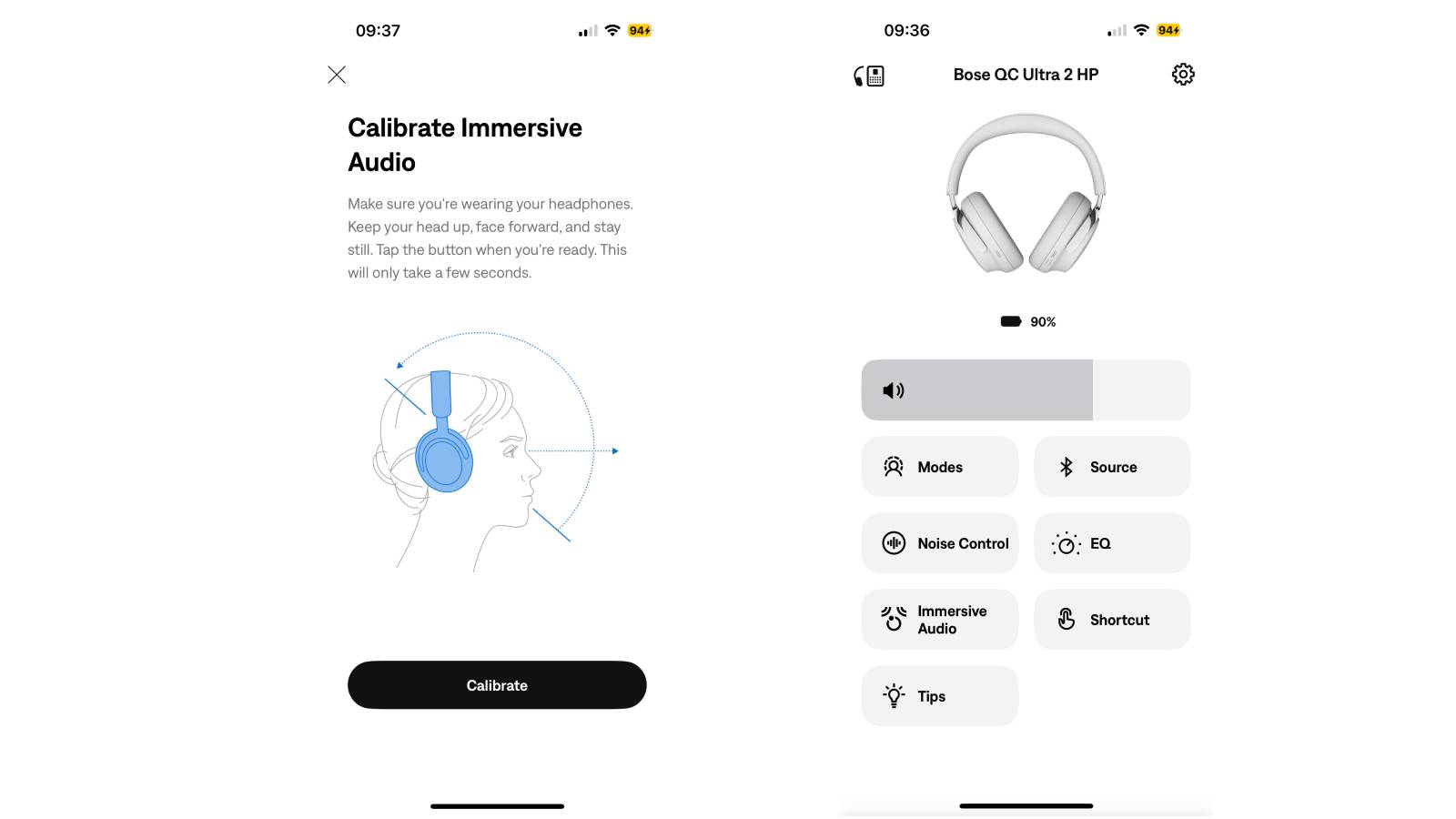 Screenshots from the Bose QuietComfort Ultra Headphones (2nd Gen)'s app.