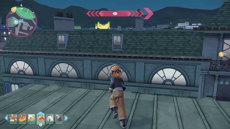 A gif depicting a pokémon trainer jumping from one roof to another.