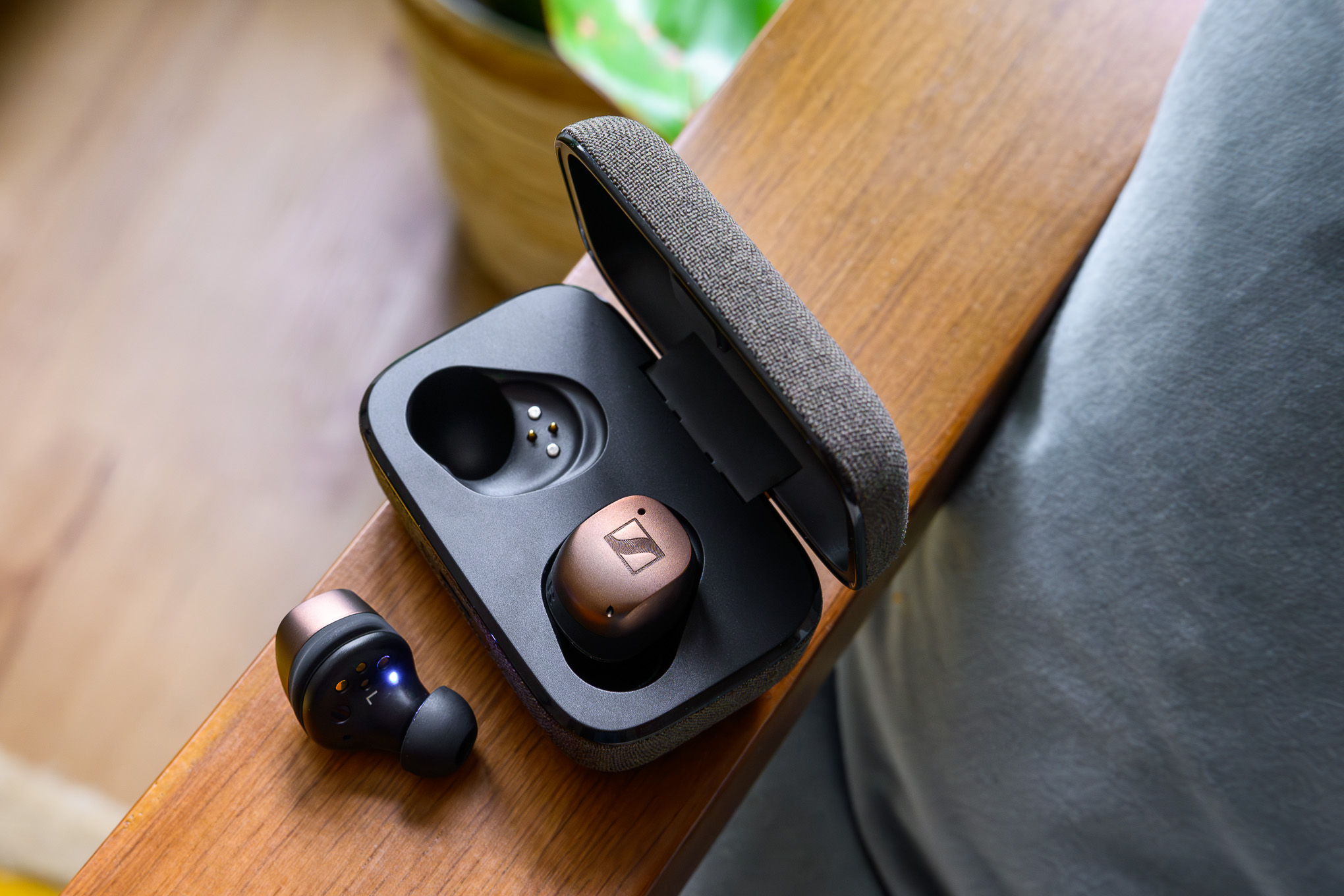 A photo of Sennheiser’s Momentum True Wireless 4 earbuds in copper.
