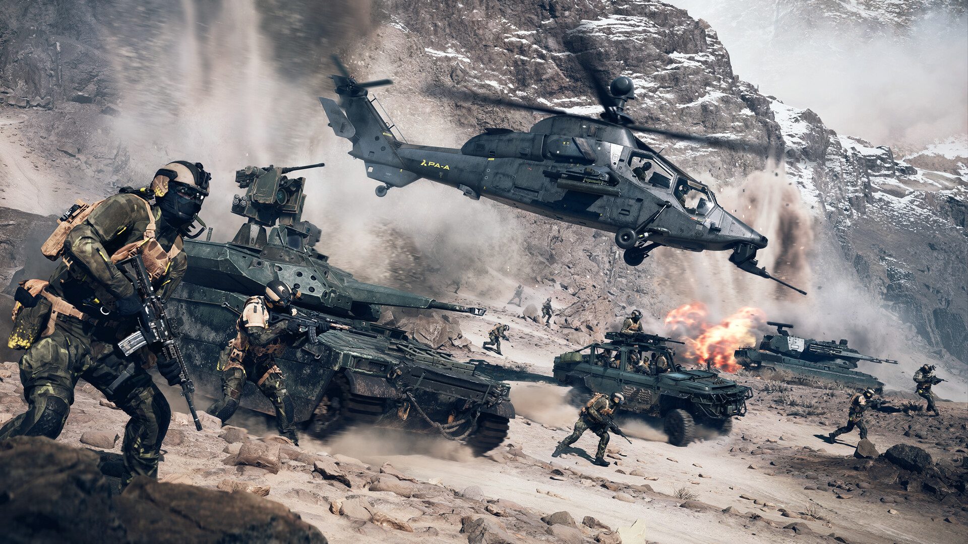 A team of tanks and helicopters in war.