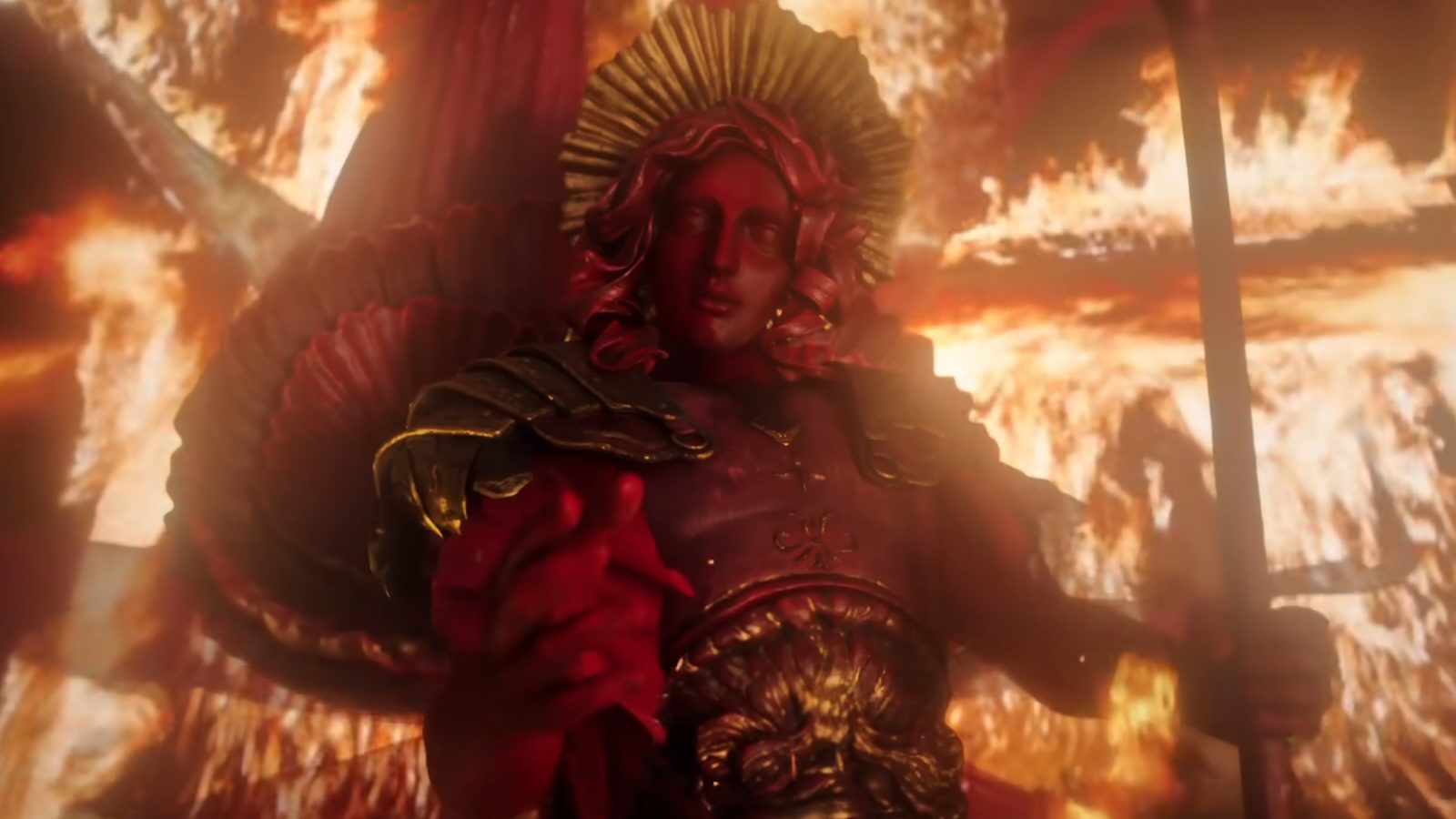 An angel appearing in a fiery room in Frankenstein.