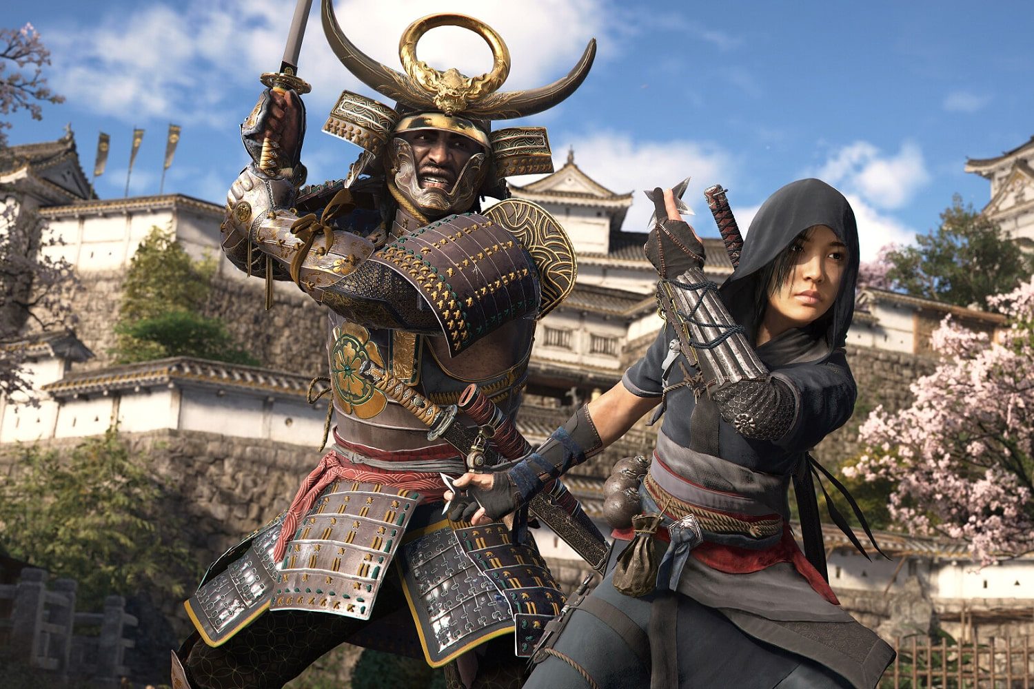 Yasuke and Naoe in fighting stances in Assassin's Creed Shadows.