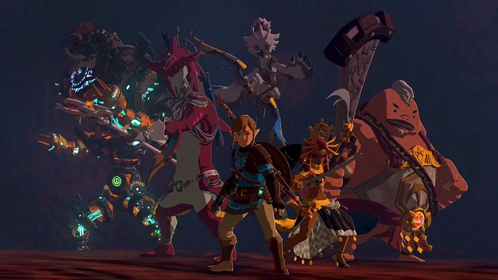 Link with Mineru, Tulin, Yunobo, Sidon, and Riju in the Depths in The Legend of Zelda Tears of the Kingdom.