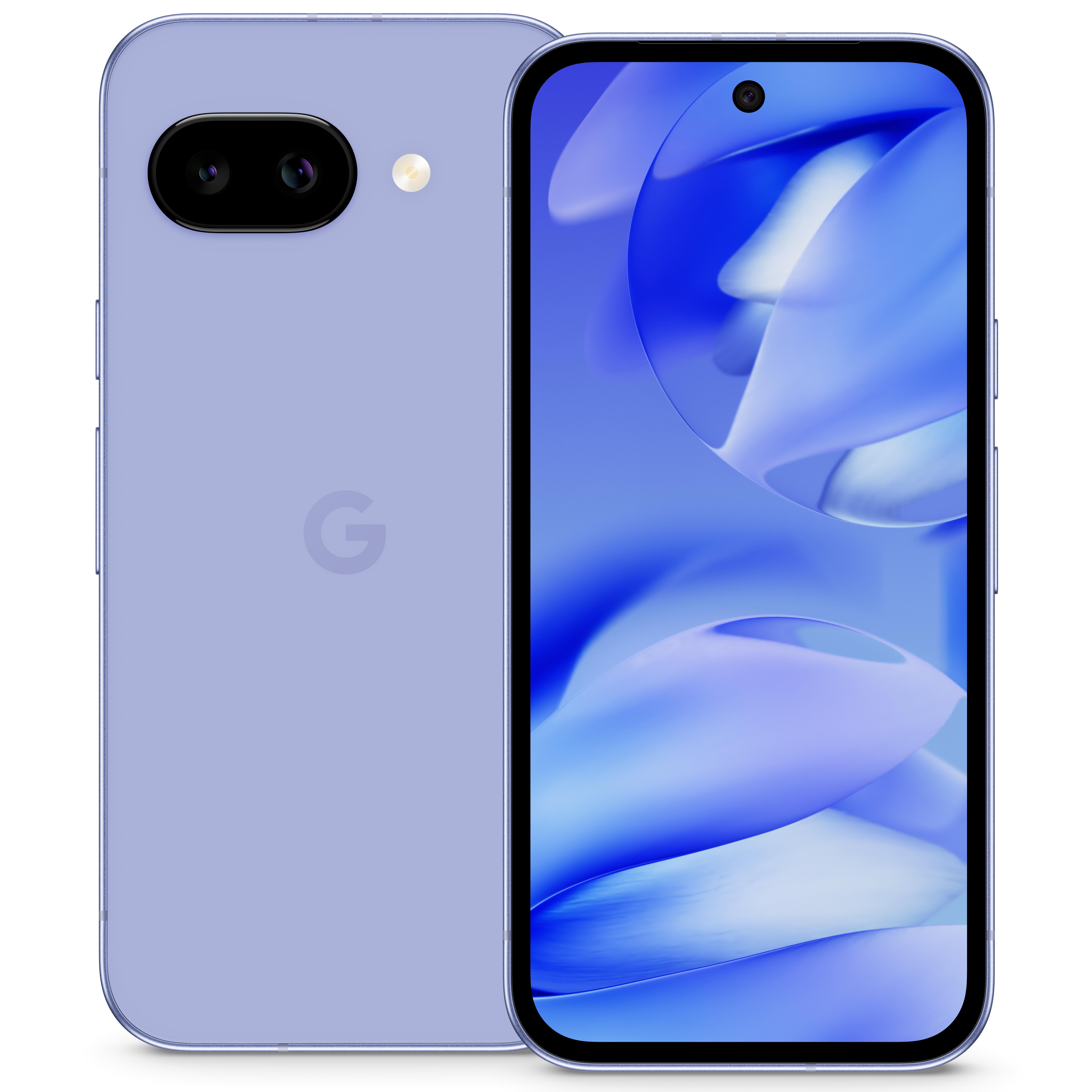 Google Pixel 9a in Iris from front and back