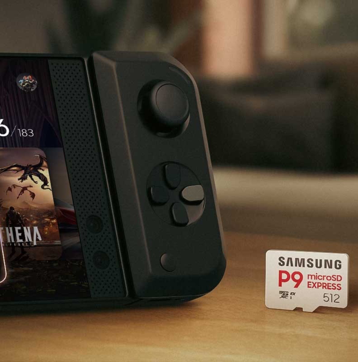 Samsung's P9 microSD Express card next to an Android phone with a controller attached.