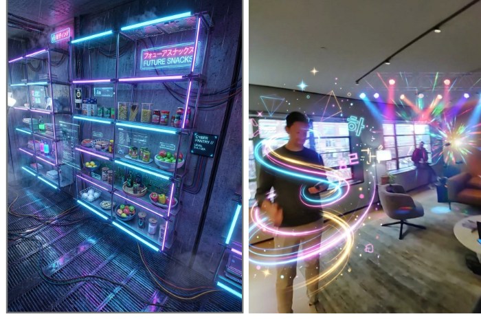 Photos taken from Google’s AI glasses prototypes with K-pop-inspired effects overlaid. On the left side there’s a pantry lit in pink and blue neon lights; on the right, a person is swirled in neon effects, Korean lettering, and concert lighting.