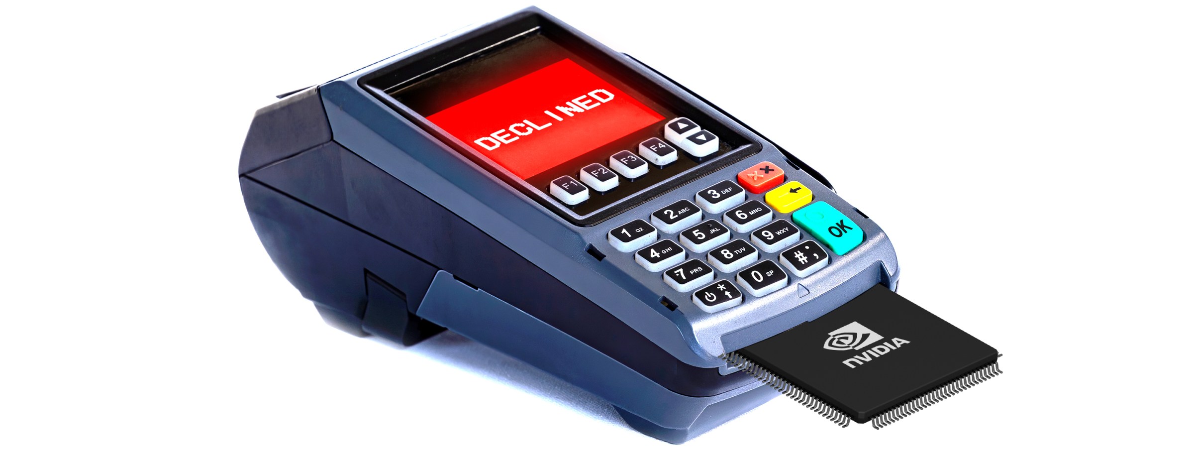 A chip is plugged into a credit card reader, like a credit card. The screen flashes “declined.”