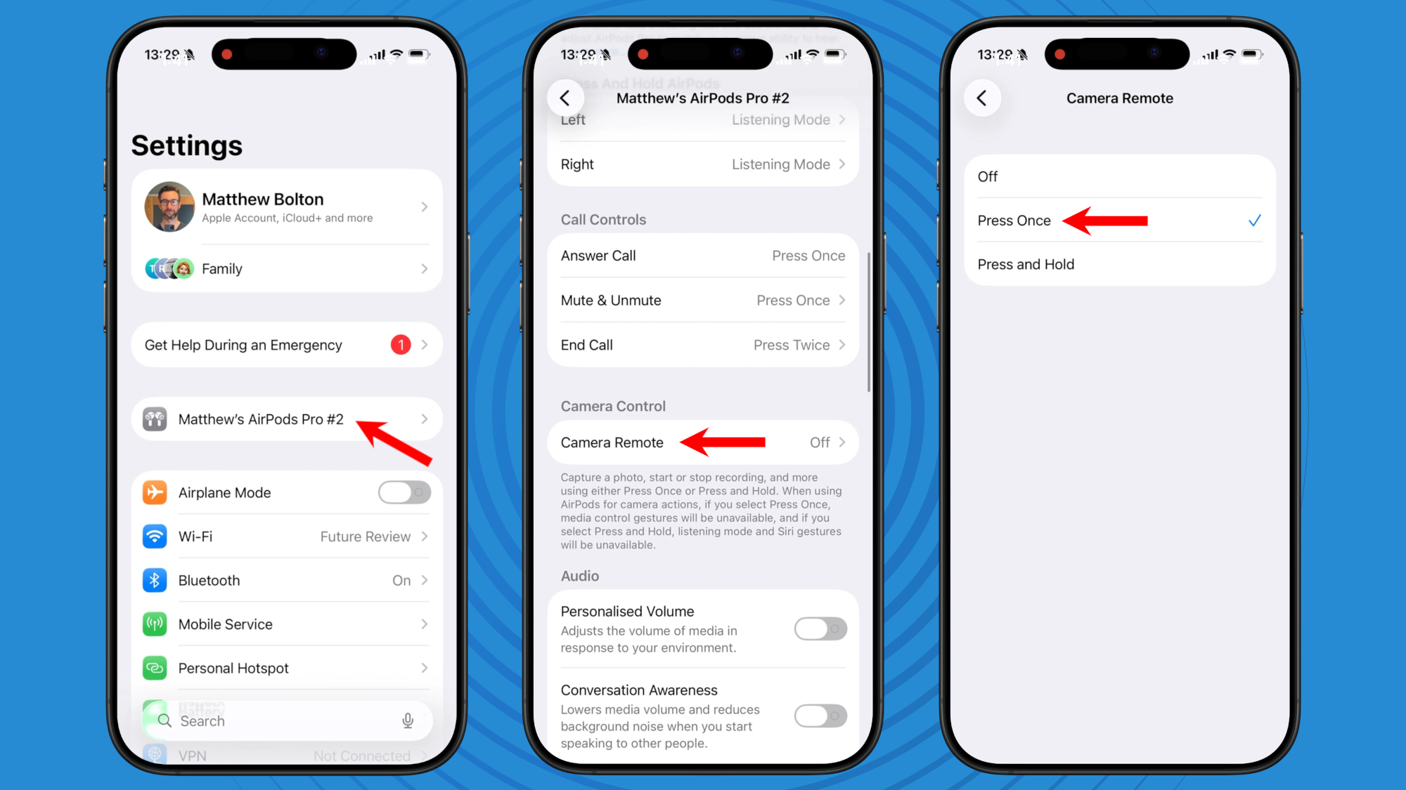 Instruction screenshots for how to use AirPods as a video mic