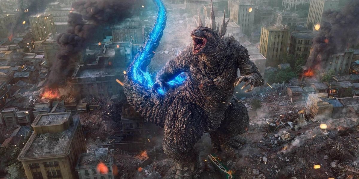 Godzilla stands on rubble in Godzilla Minus One.