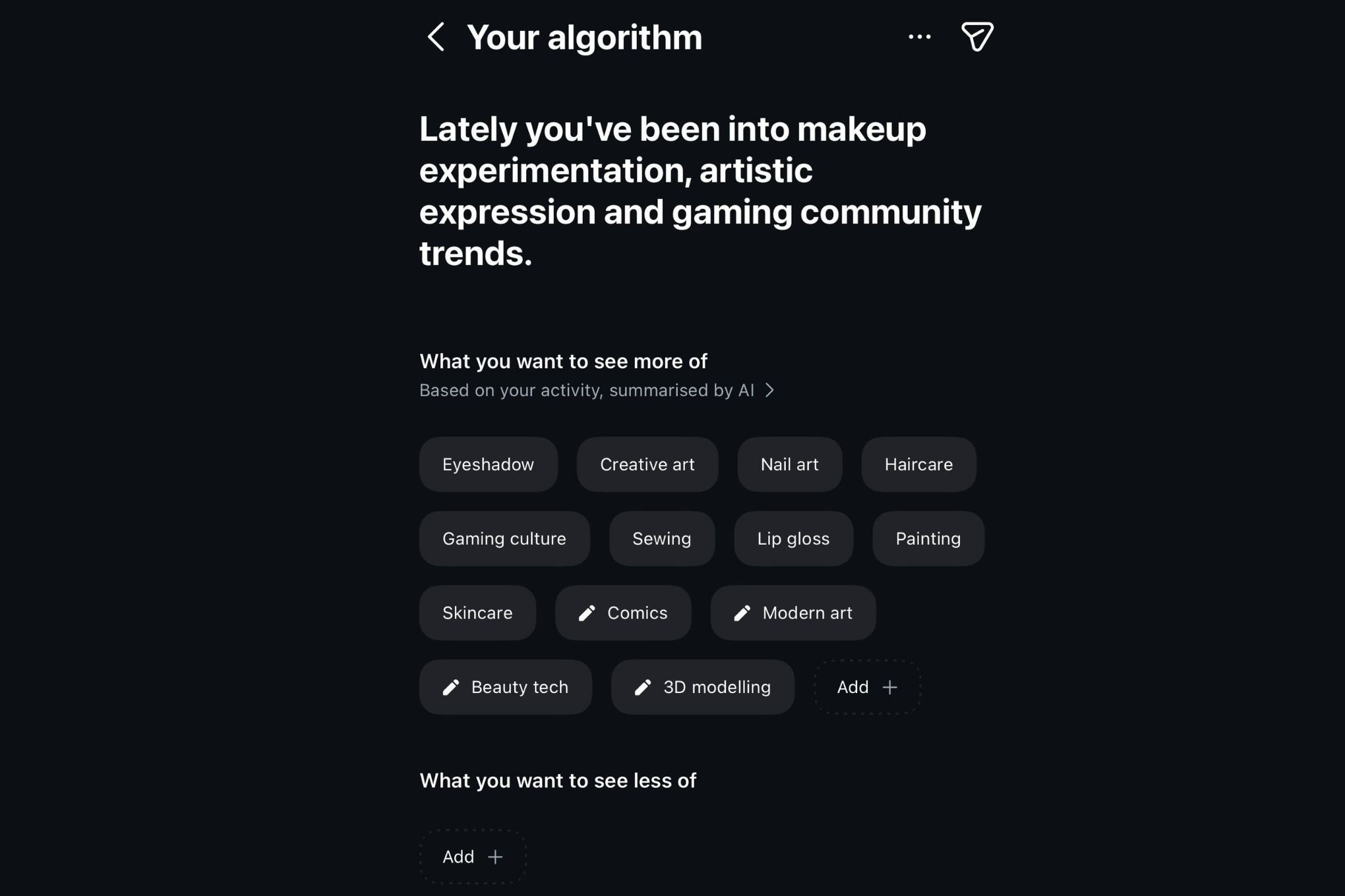 An AI-generated summarization of user interests on Instagram.