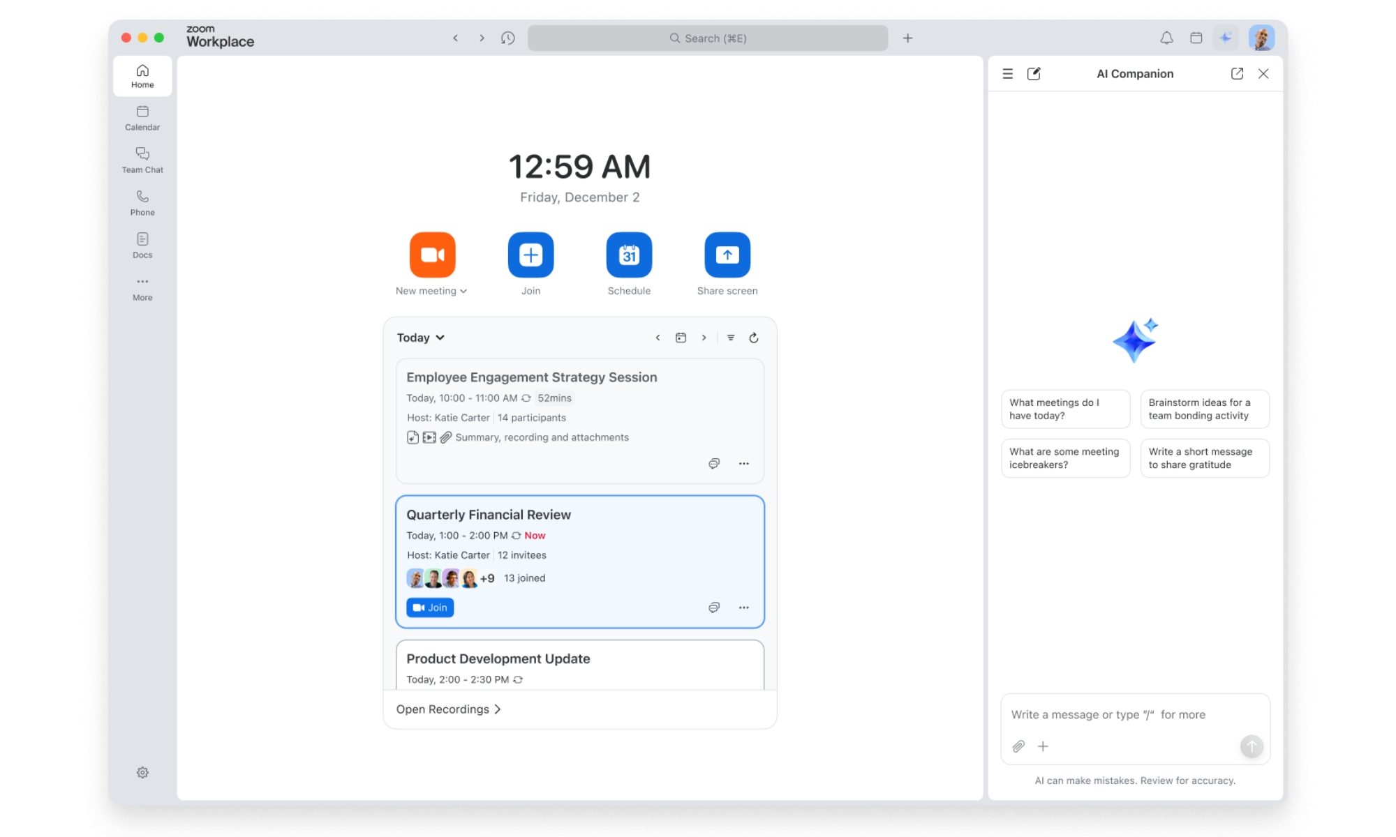 New Zoom AI Companion side bar on web interface.
