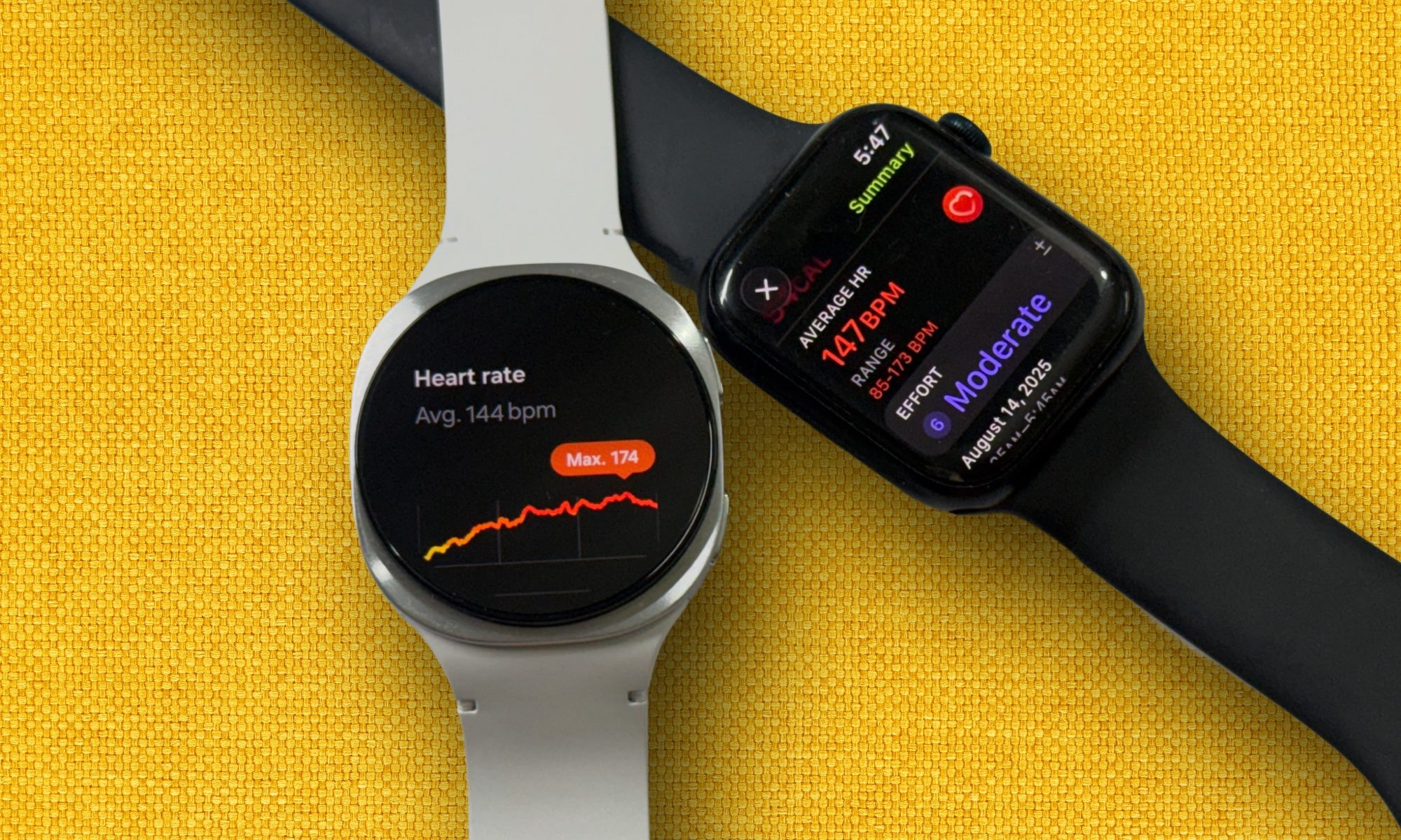 Samsung Galaxy Watch 8 side by side with Apple Watch.