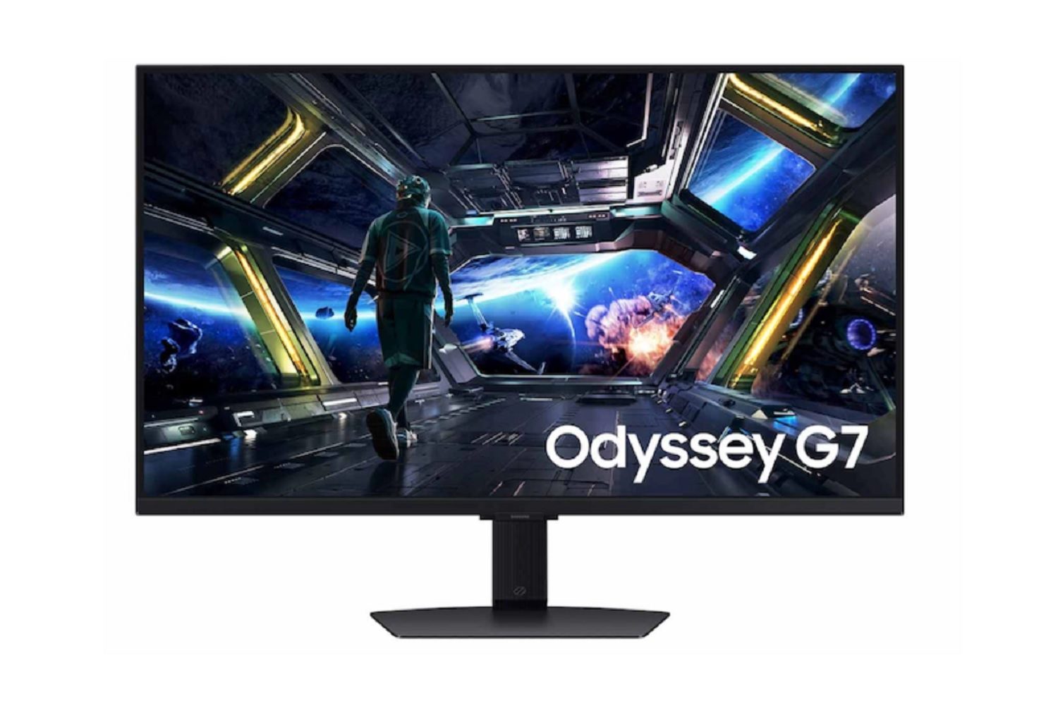 The Samsung Odyssey G7 G70D smart gaming monitor with a space game on the screen.
