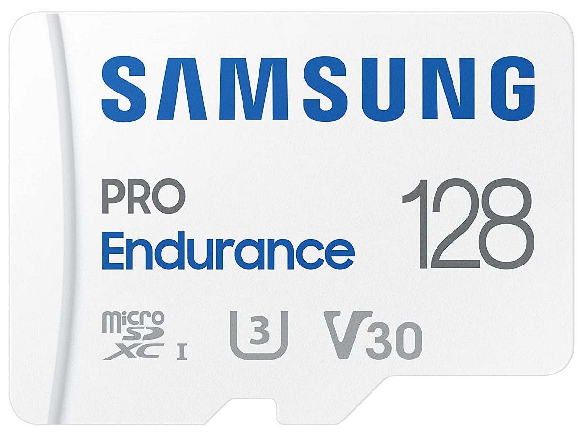 The Samsung Pro Endurance microSDXC card 128GB on a white background.