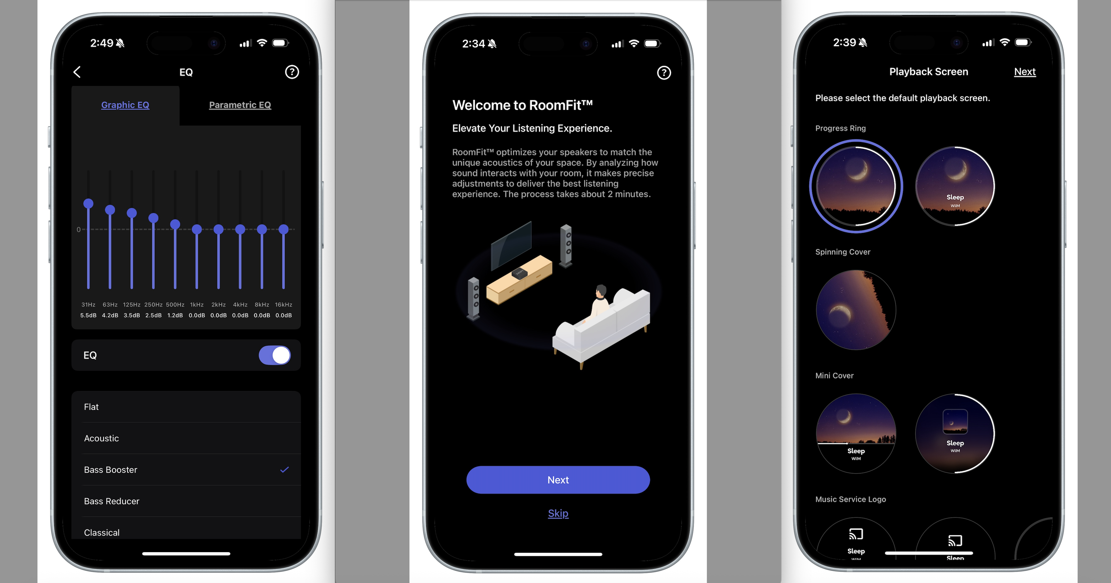 Three screen-grabs of the WiiM Sound's companion app, showing various features such as room calibration, EQ, setup process and toggles within the app