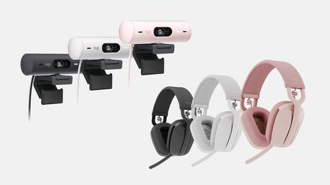 Three Brio 500 webcams in black, white, and pink and three Zone Vibe headphones in the same colors