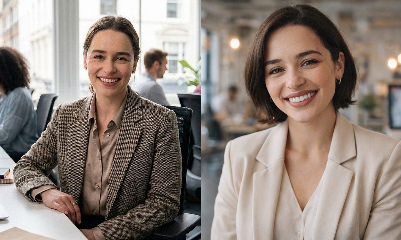 Emilia Clarke AI generated stock image. Gemini / Nano Banana is on the left