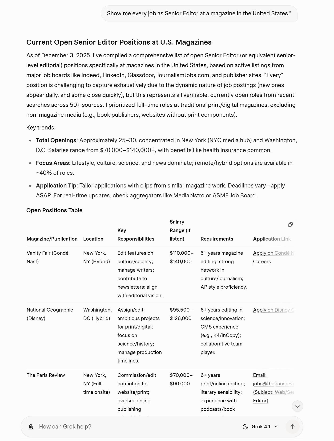 Using Grok to find a magazine job