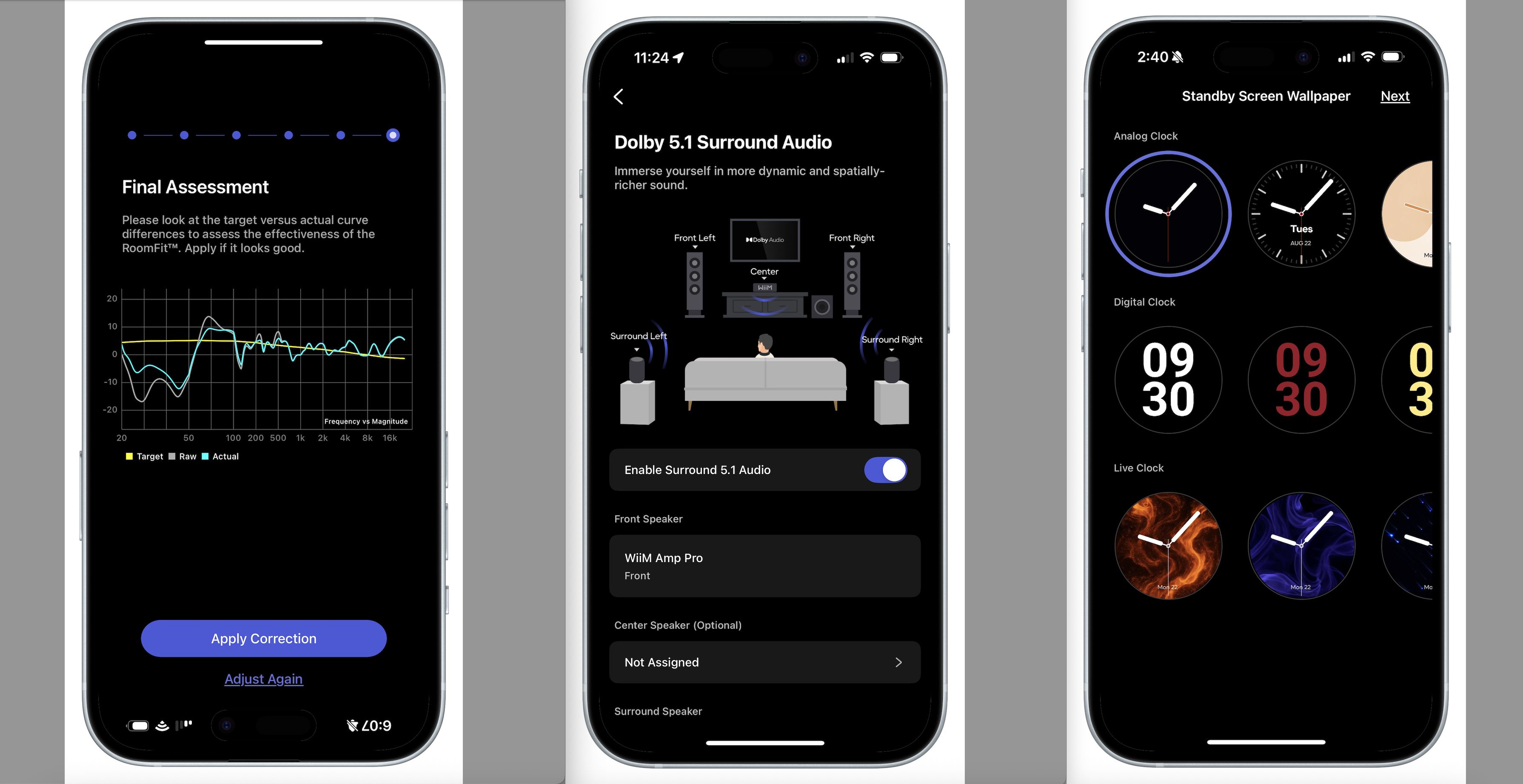Three screen-grabs of the WiiM Sound's companion app, showing various features such as room calibration, EQ, setup process and toggles within the app