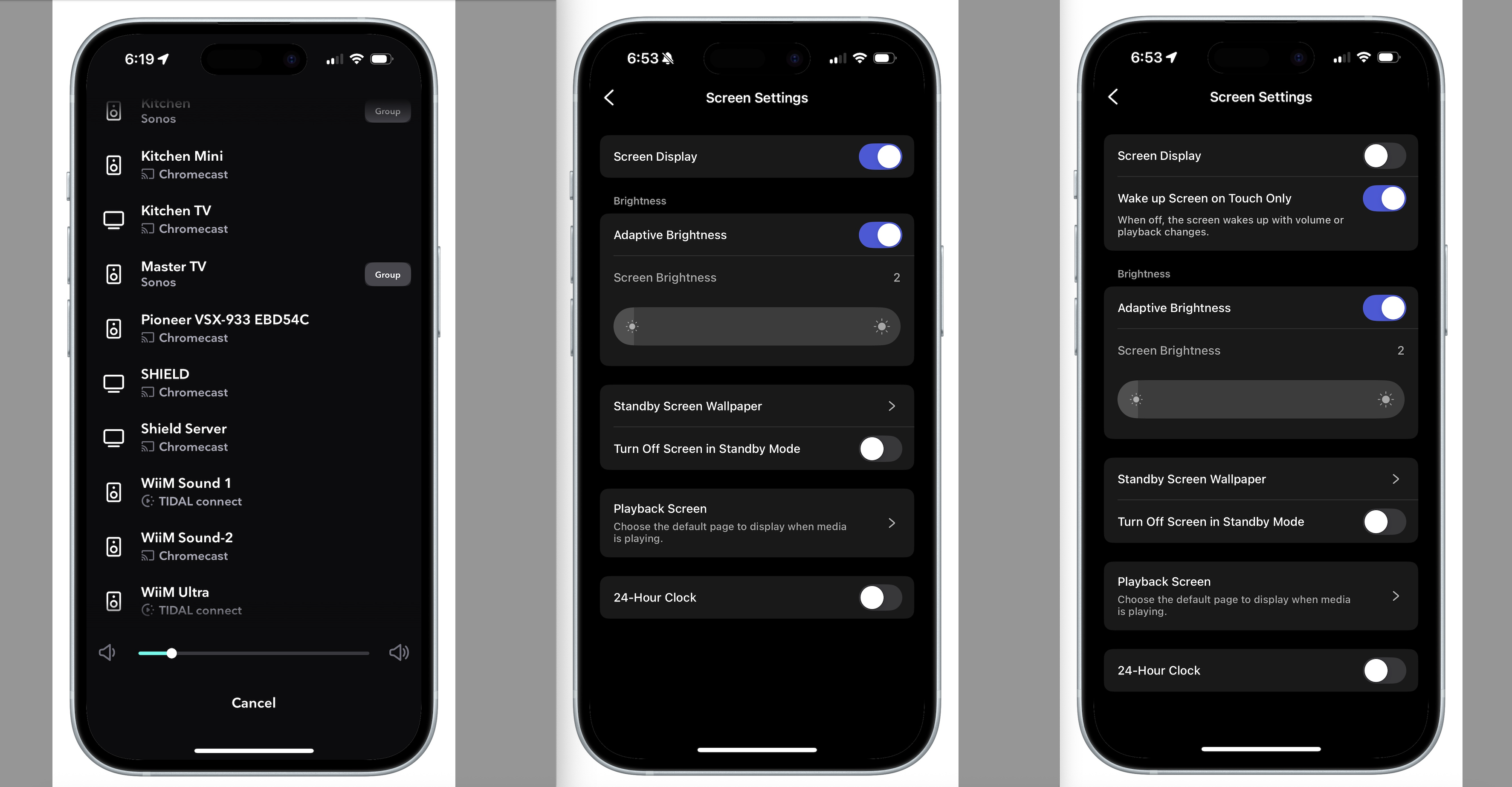 Three screen-grabs of the WiiM Sound's companion app, showing various features such as room calibration, EQ, setup process and toggles within the app