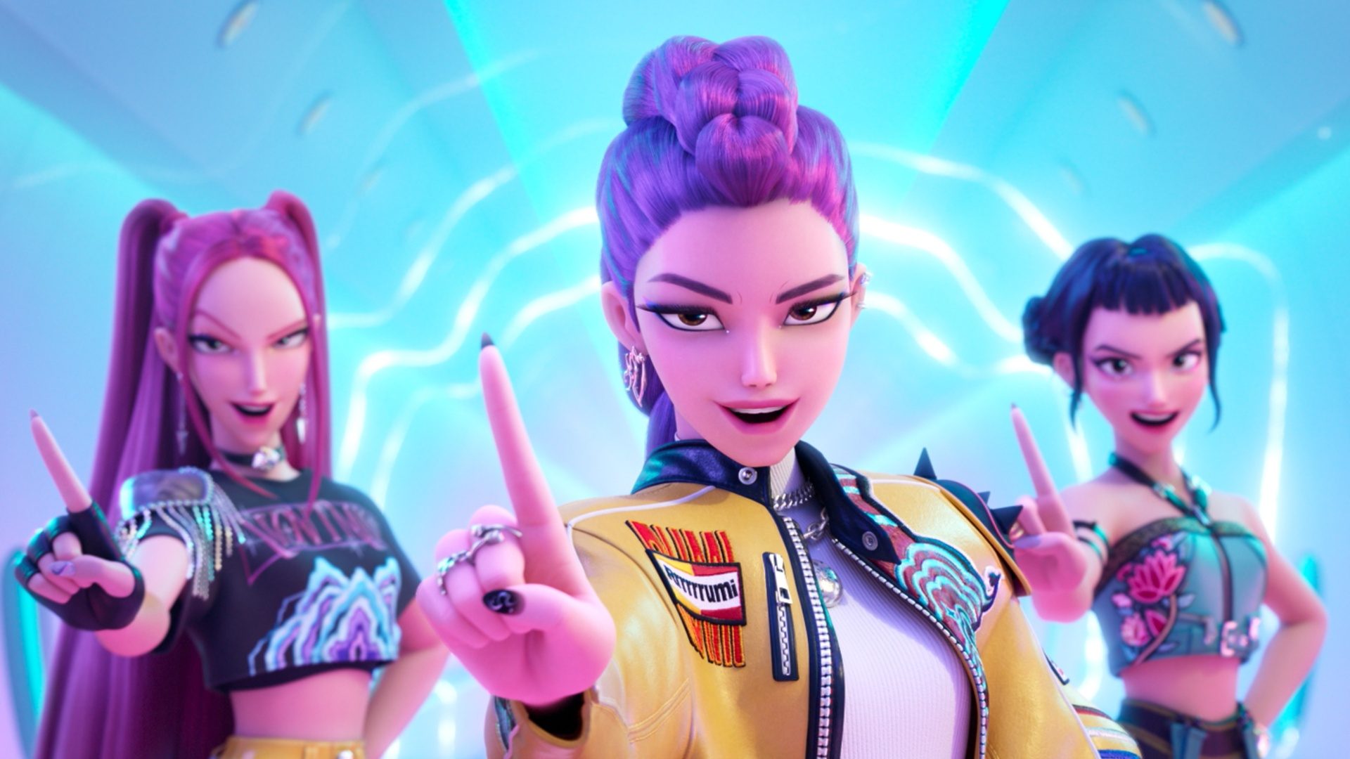 Mira, Rumi, and Zoey wag their fingers and pose for a dance in KPop Demon Hunters.