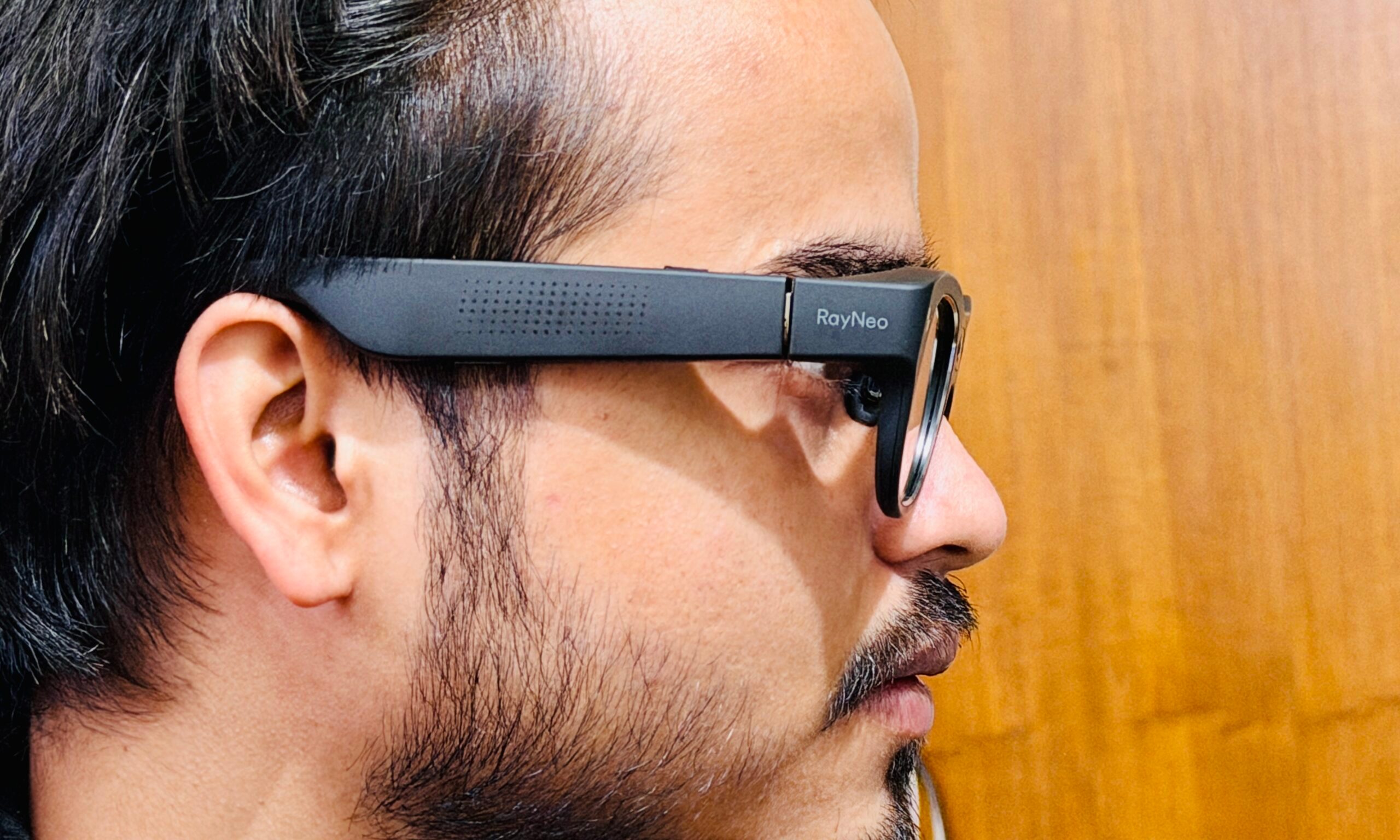 Temple view of Person wearing RayNeo X3 Pro.