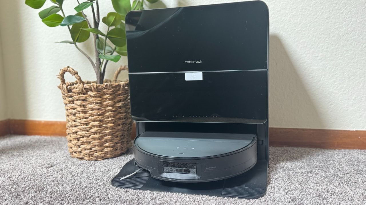 The Roborock Saros 10 docked