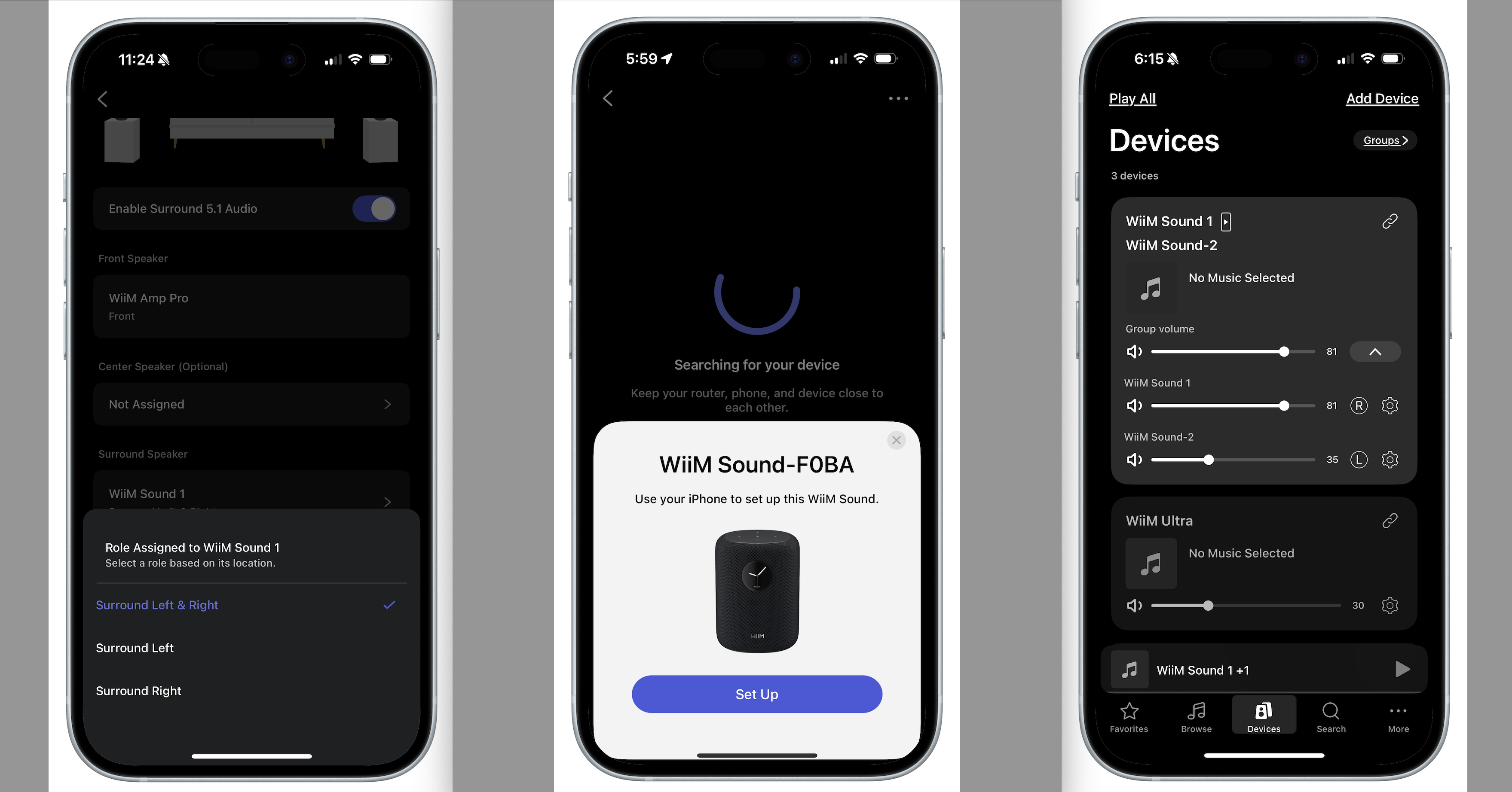 Three screen-grabs of the WiiM Sound's companion app, showing various features such as room calibration, EQ, setup process and toggles within the app