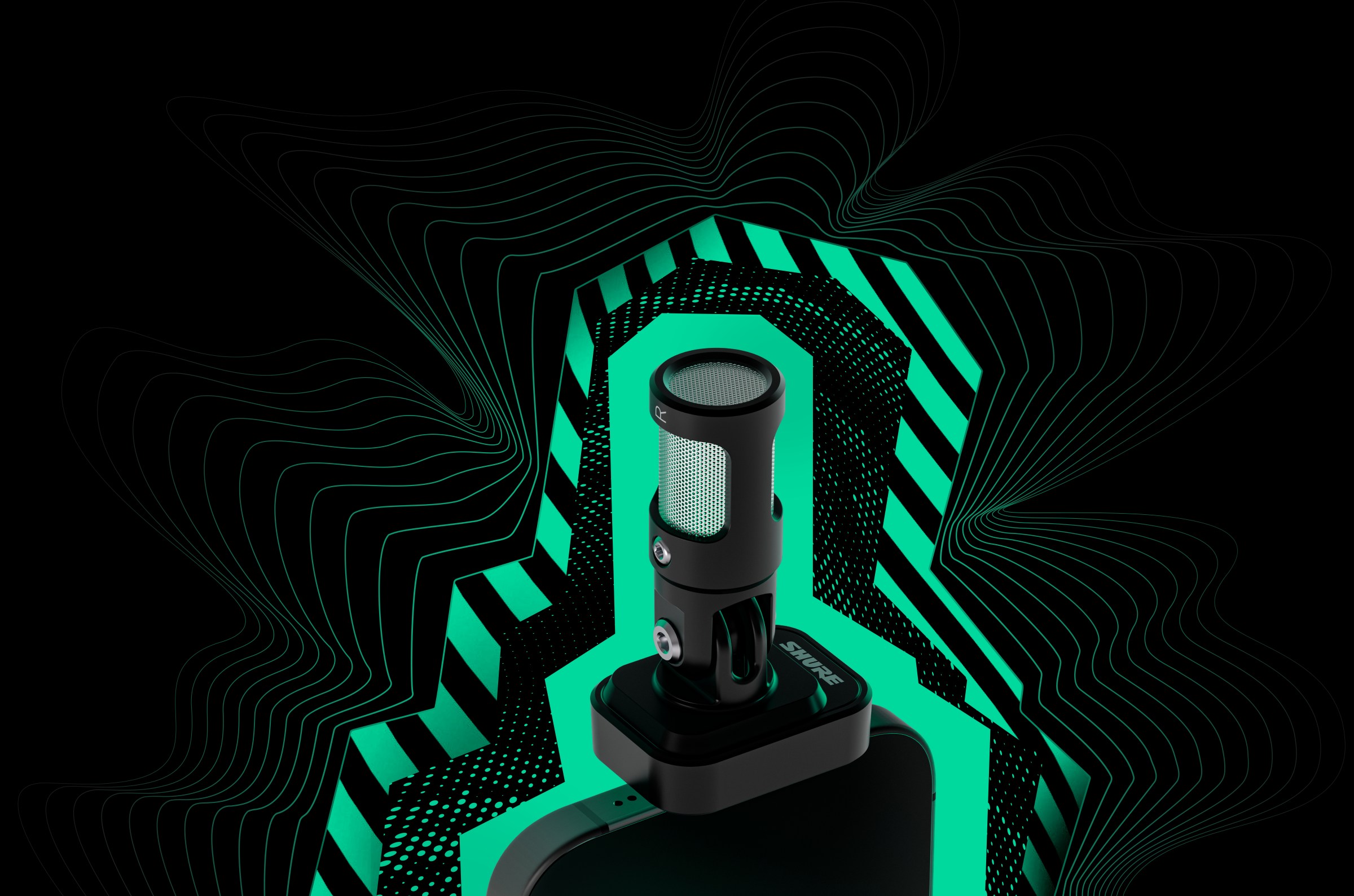 Shure MV88 USB-C being plugged into an iPhone against a black background with weird green laser accents… pew pew.